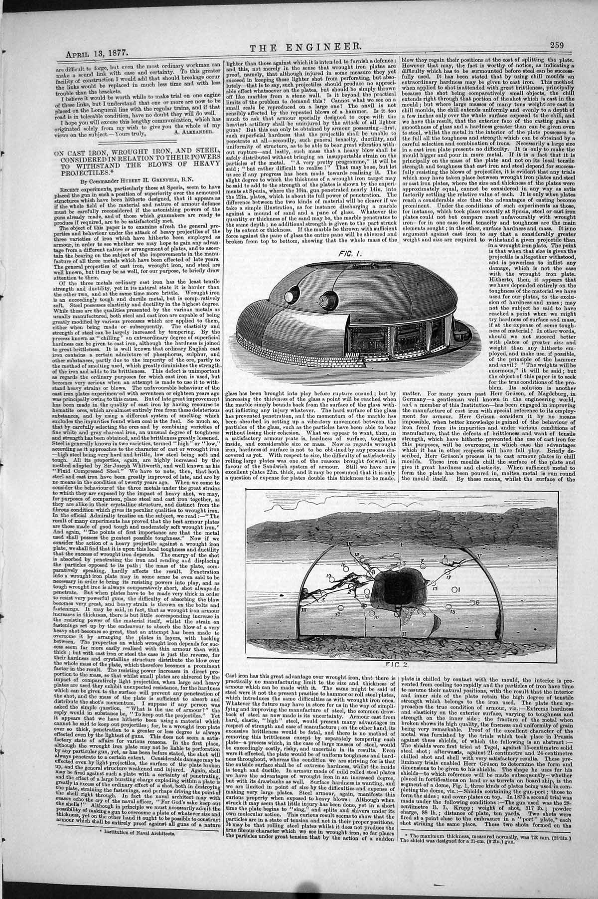 Old Print 1877 Experiments Steel Blows Heavy Projectiles Hubert Grenfell 19th