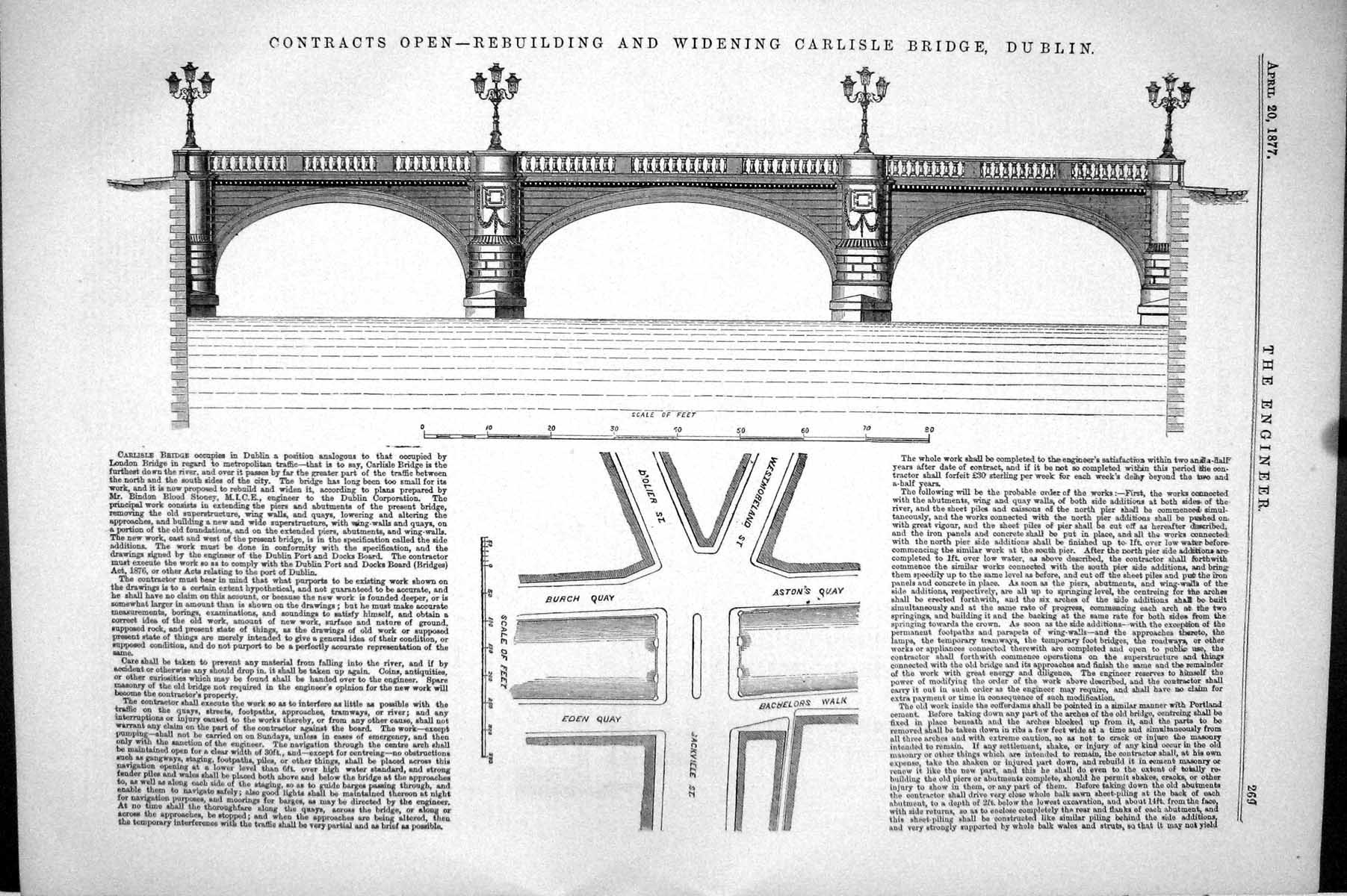 Old Print 1877 Contracts Open Rebuilding Widening Carlisle Bridge Dublin 19th