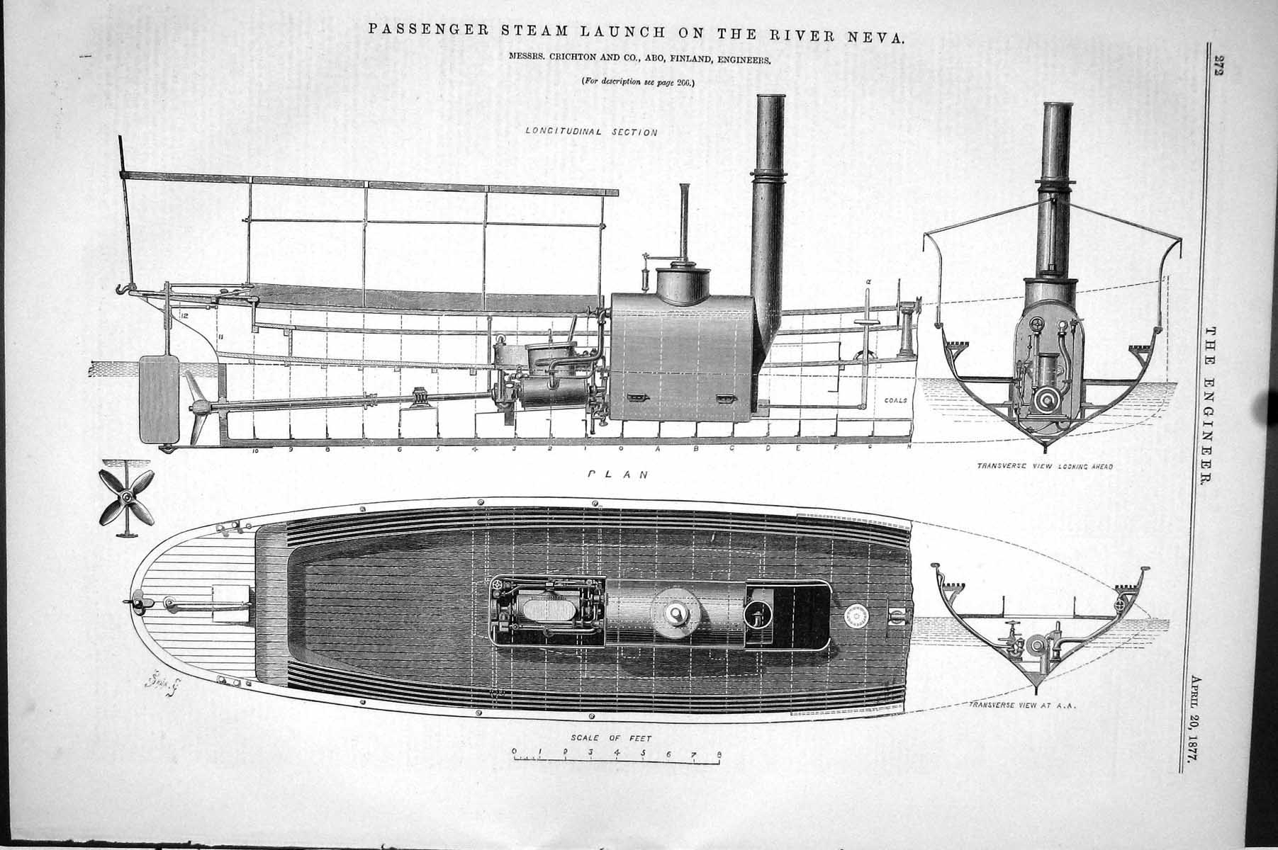 Old 1877 Engineering Passenger Steam Launch River Neva Crichton Finla Victorian