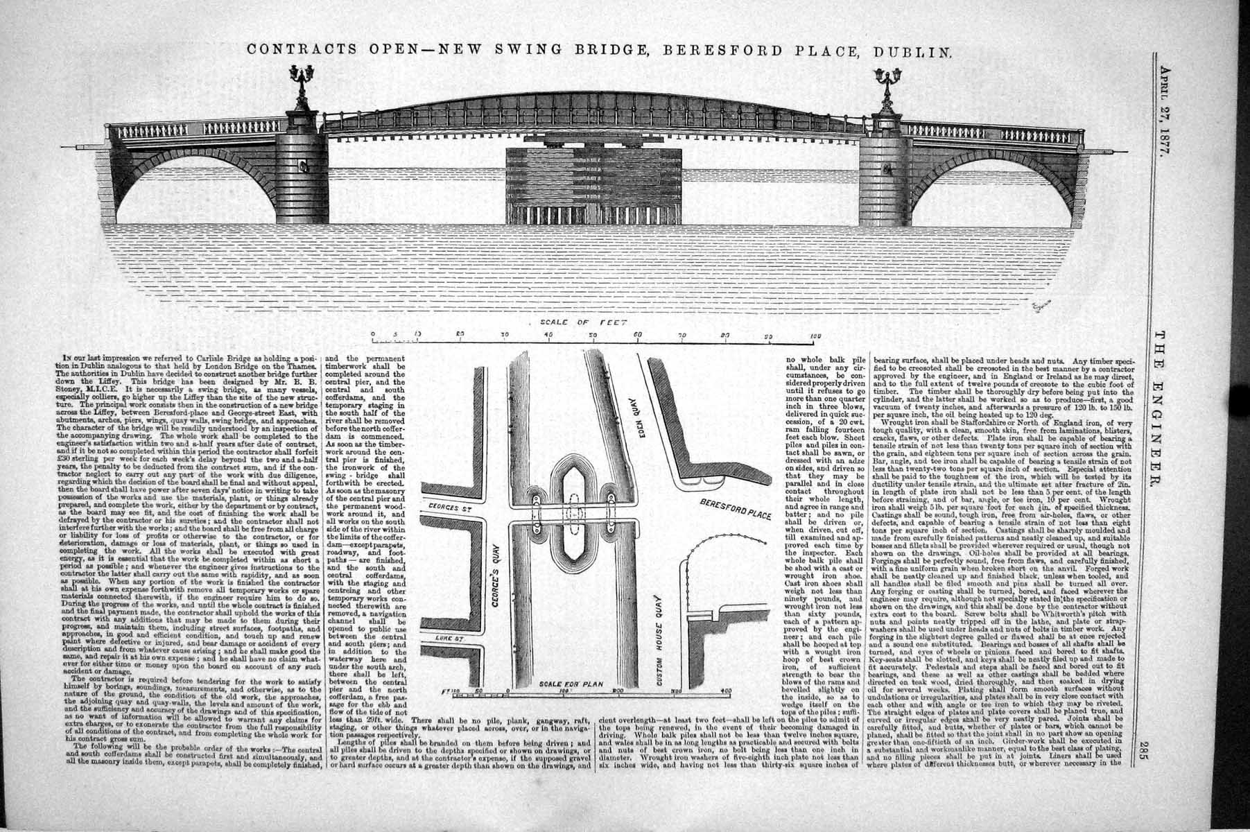 Antique Old Print 1877 Contracts Open New Swing Bridge Beresford Place Dublin