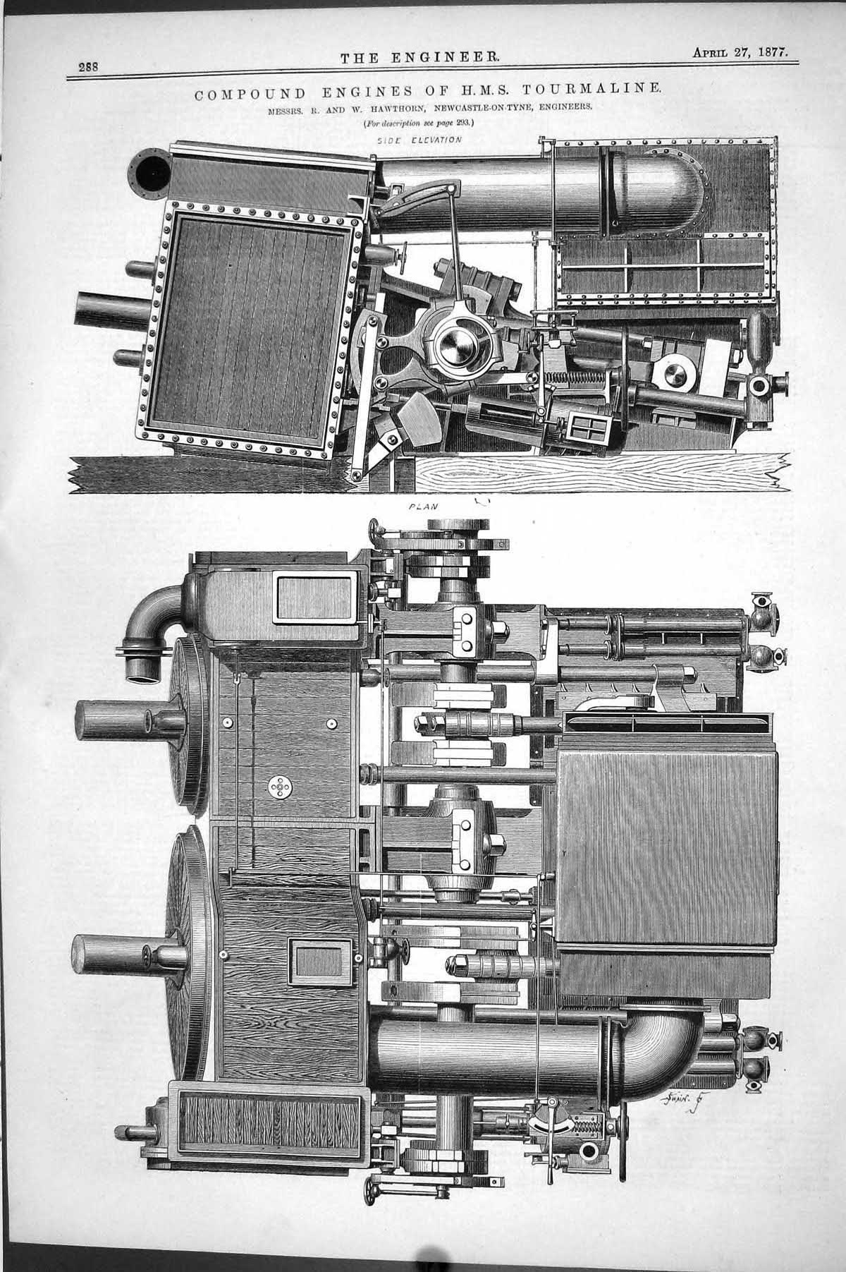 Antique Print 1877 Engineering Compound Engines H.M.S. Tourmaline Hawthorn 19th