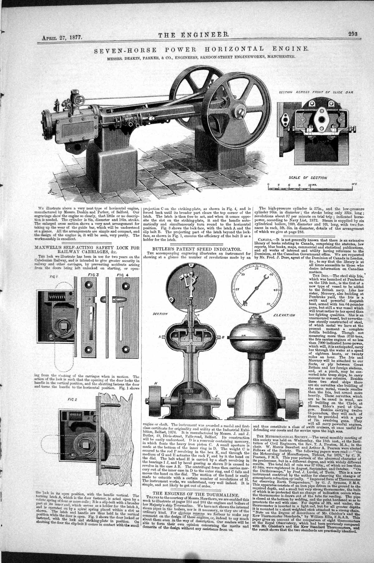Antique Print 1877 Seven-Horse Power Horizontal Engine Maxwell Safety Lock 19th
