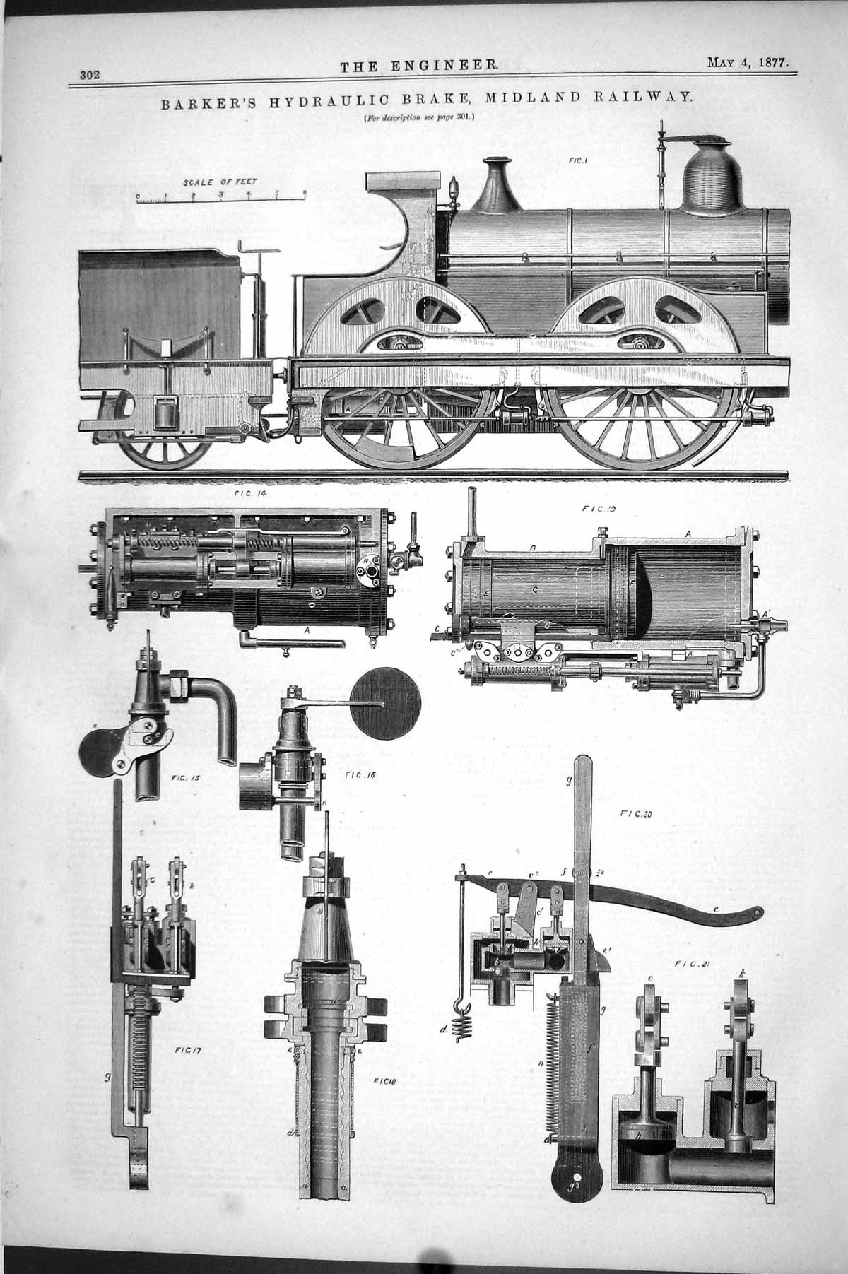 Antique Print 1877 Barker'S Hydraulic Brake Midland Railway Train Machinery