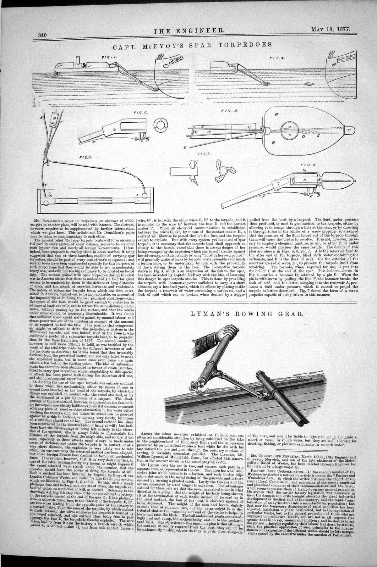 Antique Old Print 1877 Diagrams Cape Mcevoy Spar Torpedoes Lyman Rowing Gear