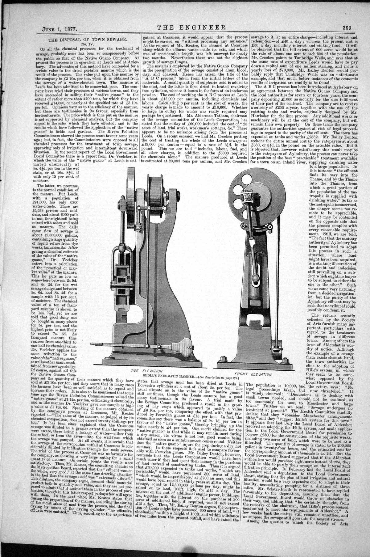 Antique Old Print Sholl'S Pneumatic Hammer Front Elevation 1877 Engineering
