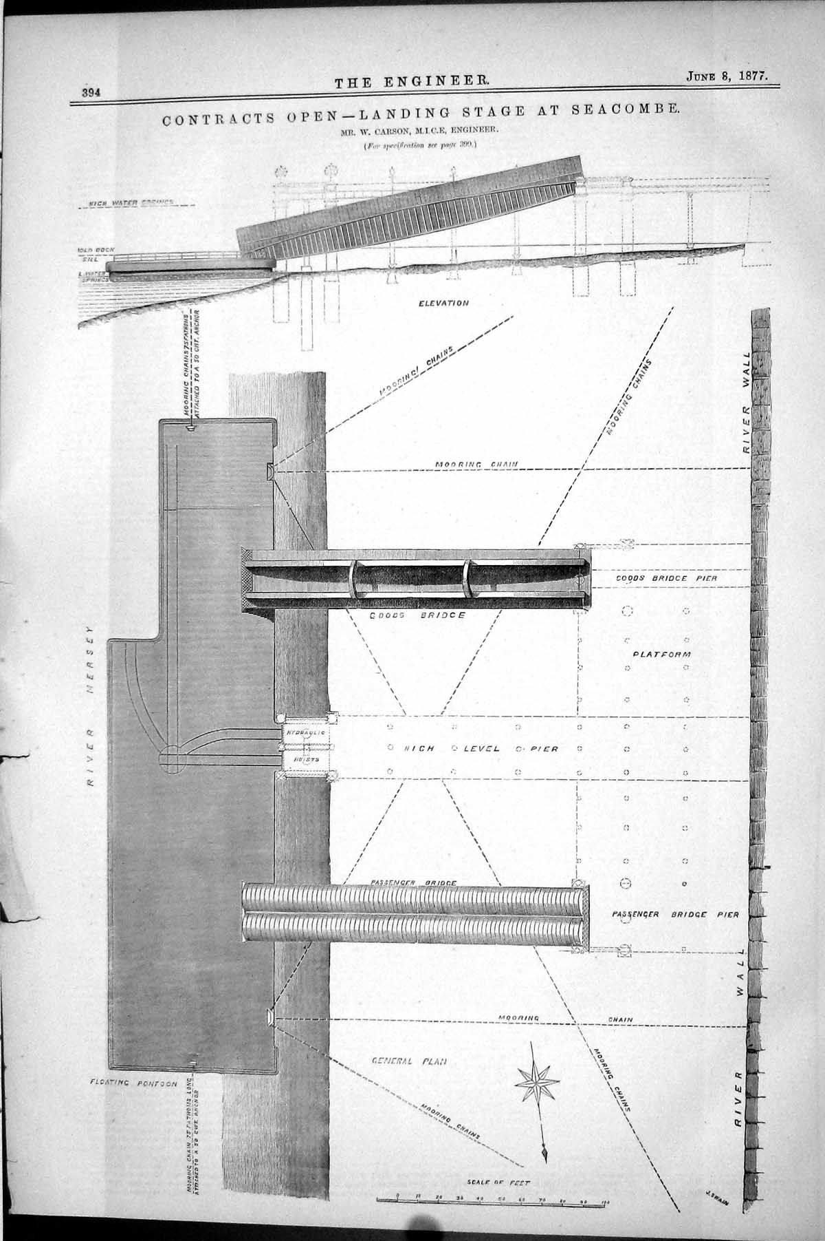 Antique Print 1877 Engineering Contracts Open Landing Stage Seacombe Carson