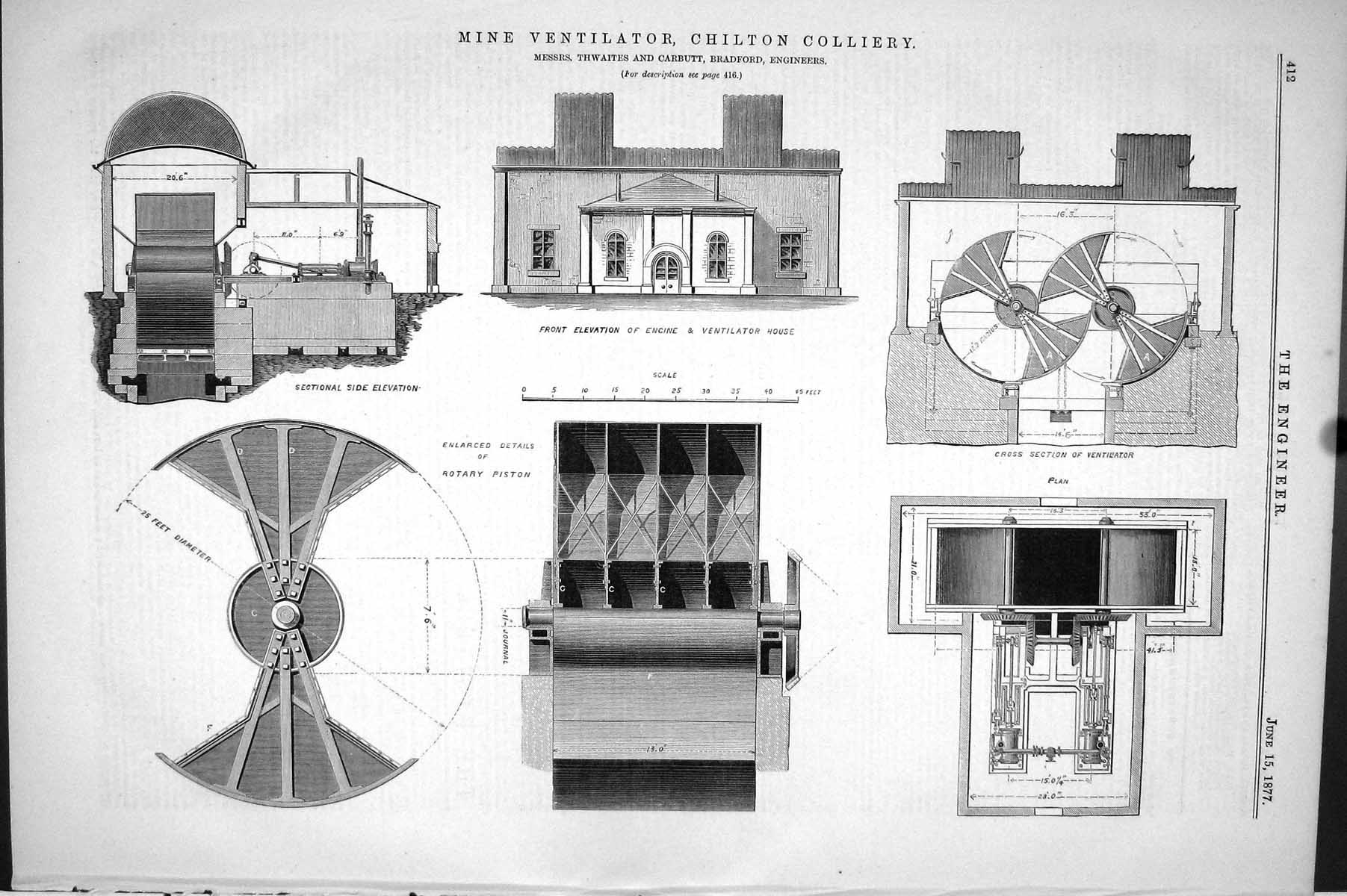 Old Print 1877 Mine Ventilator Chilton Colliery Thwaites Carbutt Bradford 19th