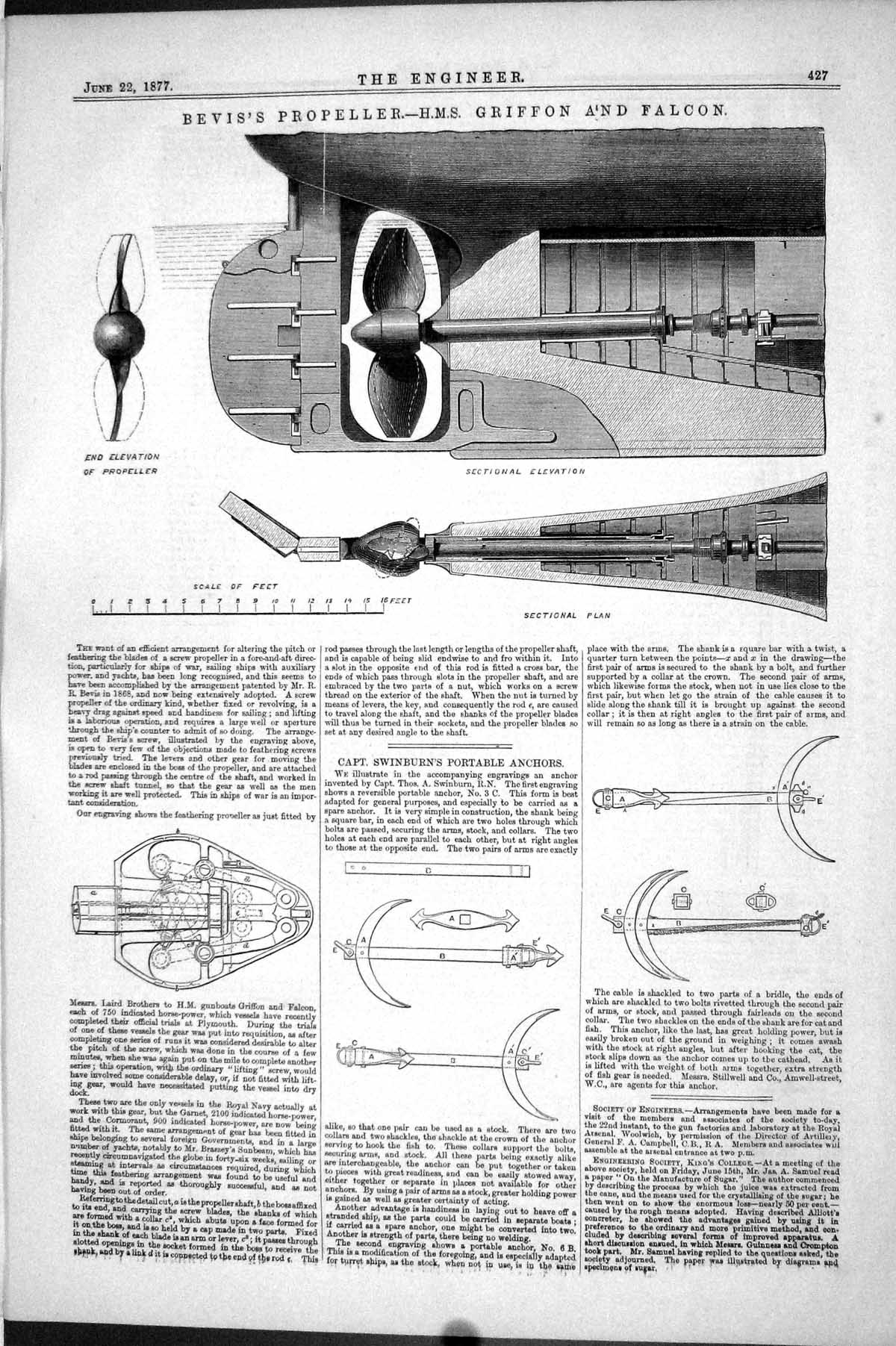 Antique Old Print 1877 Bevis Propeller H.M.S. Griffon Falcon Swinburn Anchors