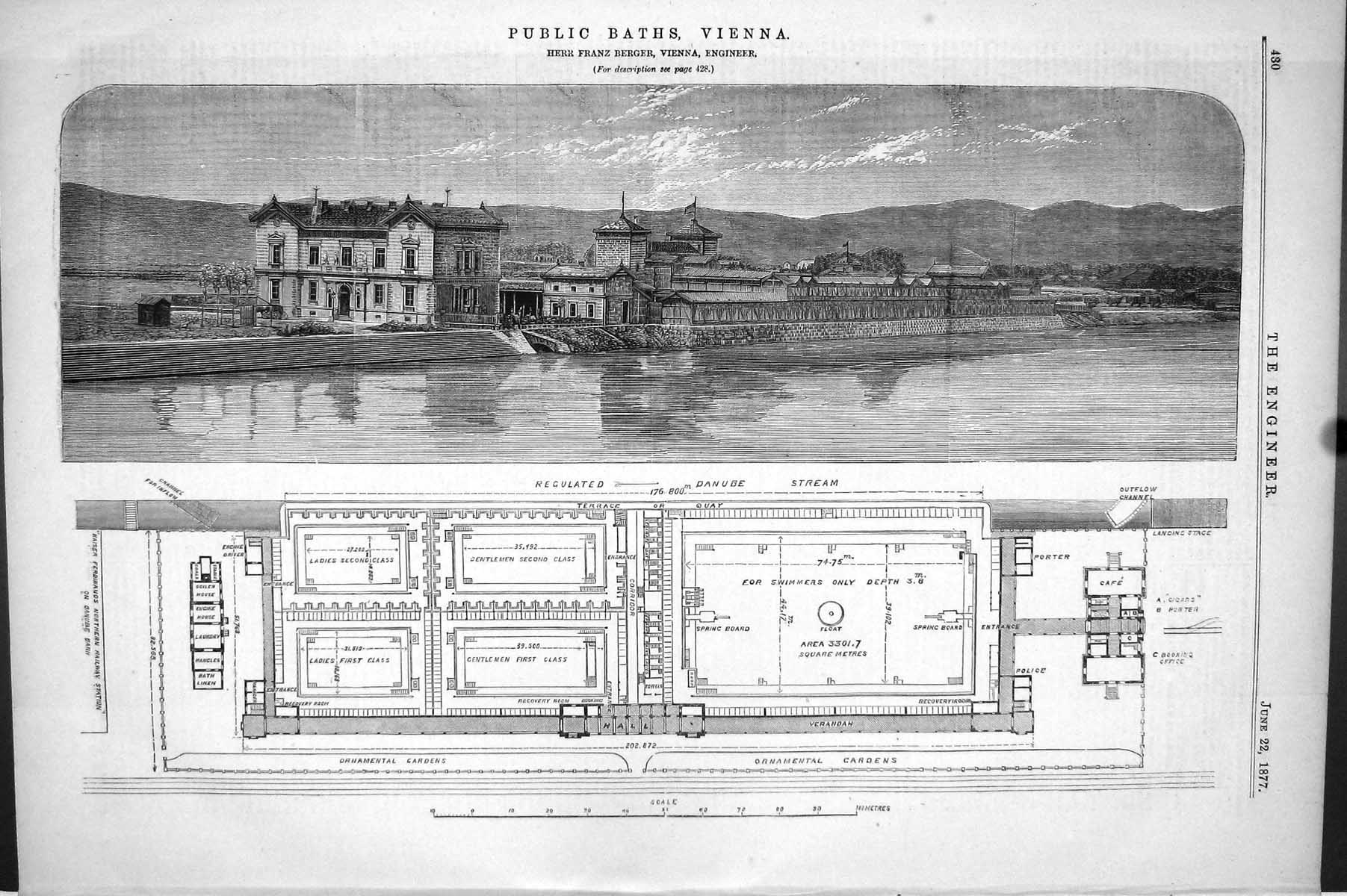 Old 1877 Plan Public Baths Vienna Herr Franz Berger Vienna Danube Str Victorian
