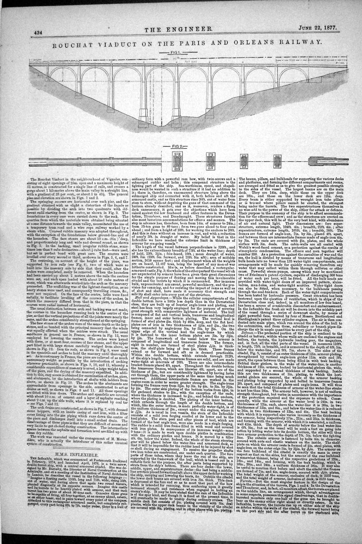 Antique Old Print 1877 Engineering Plan Rouchat Viaduct Paris Orleans Railway