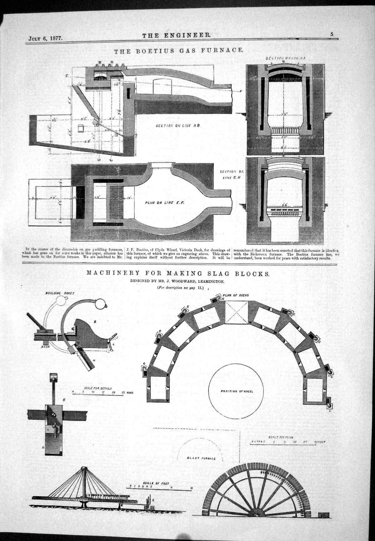 Old Print 1877 Boetius Gas Furnace Machinery Making Slag Blocks Woodward 19th