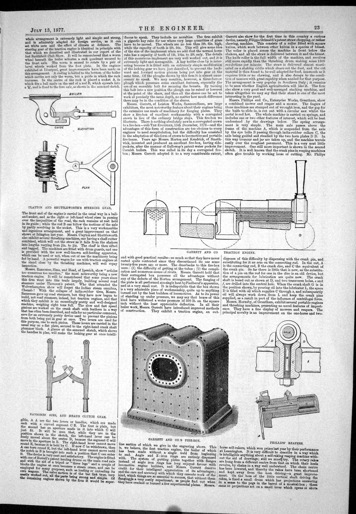 Antique Old Print 1877 Garrett Traction Engine Clayton Shuttleworth Fire-Box
