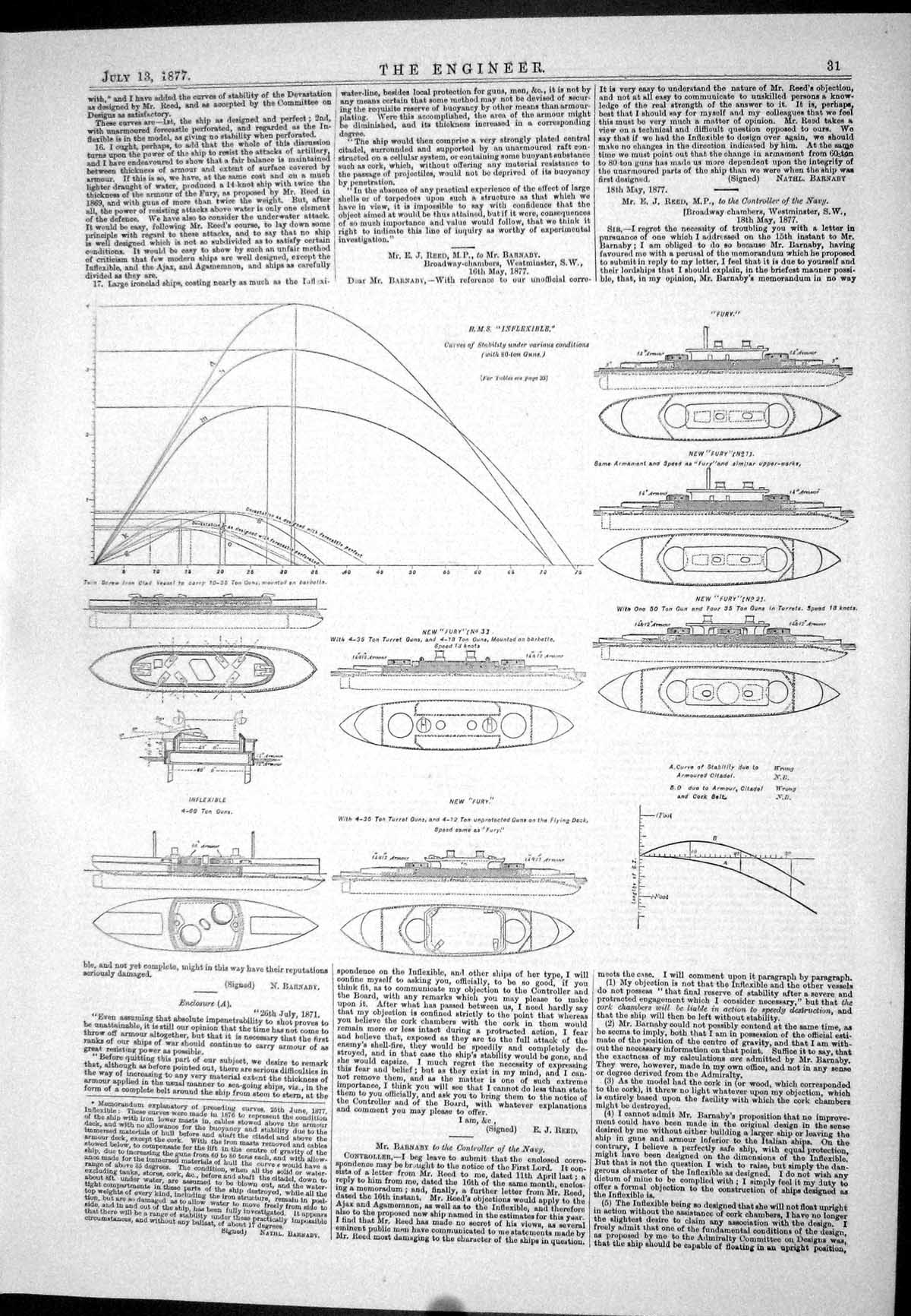 Antique Print 1877 Diagram Plan H.M.S. Inflexible Fury Curve Stability Guns