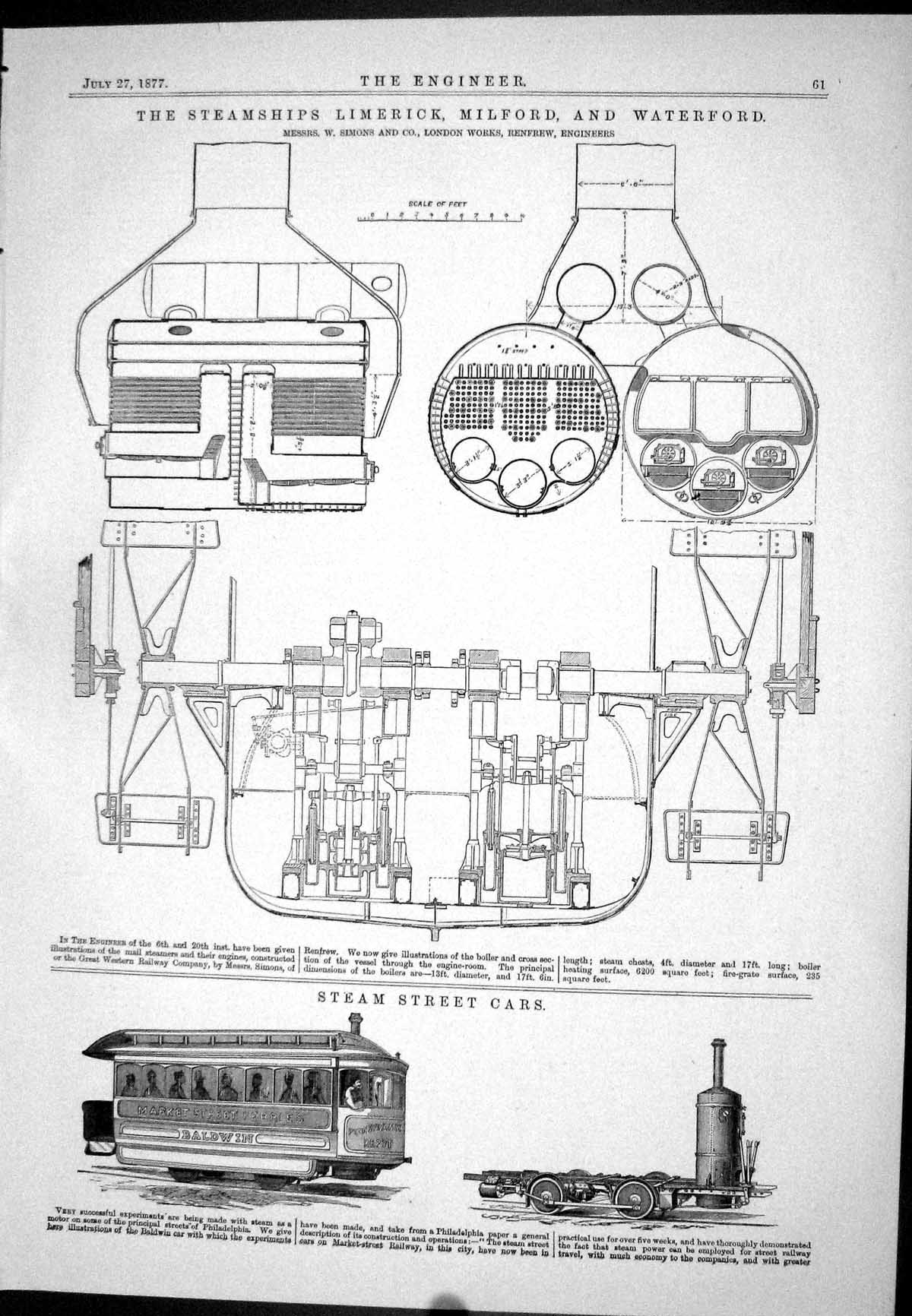 Old Print 1877 Steam Ships Limerick Milford Waterford Simons Streeet Cars 19th