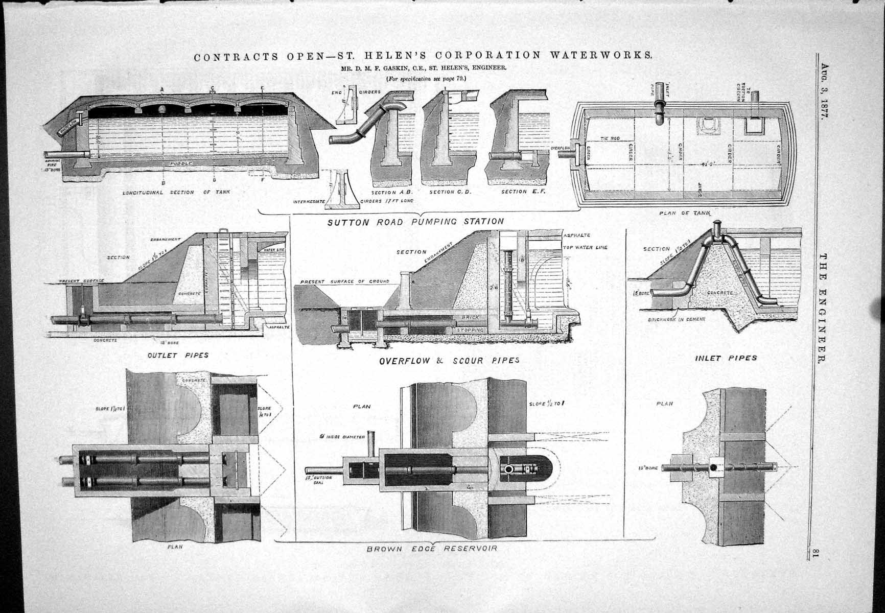 Antique Old Print 1877 St. Helen'S Corporation Waterworks Gaskin Sutton Road