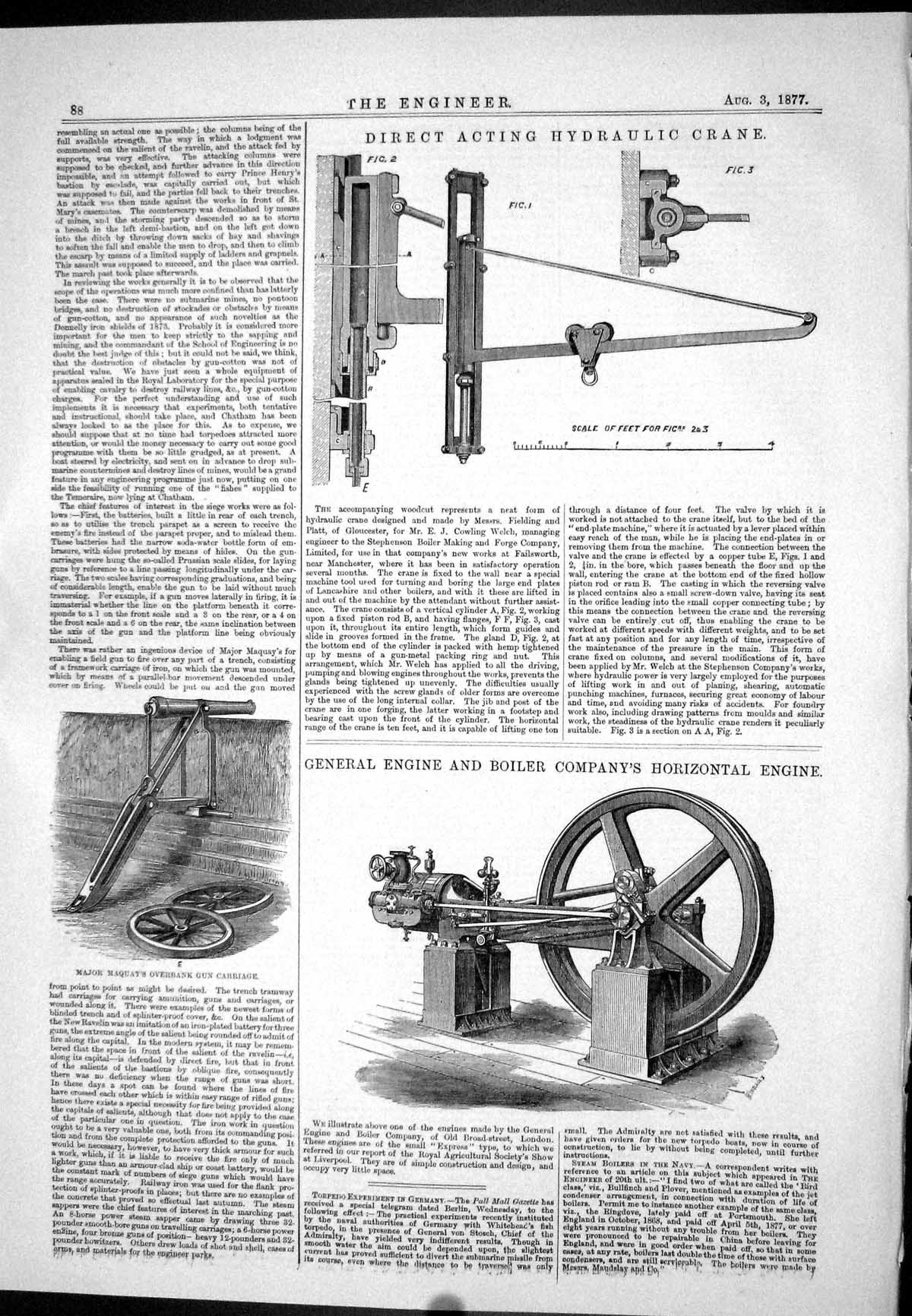 Antique Old Print 1877 Direct Acting Hydraulic Crane Engine Boiler Horizontal