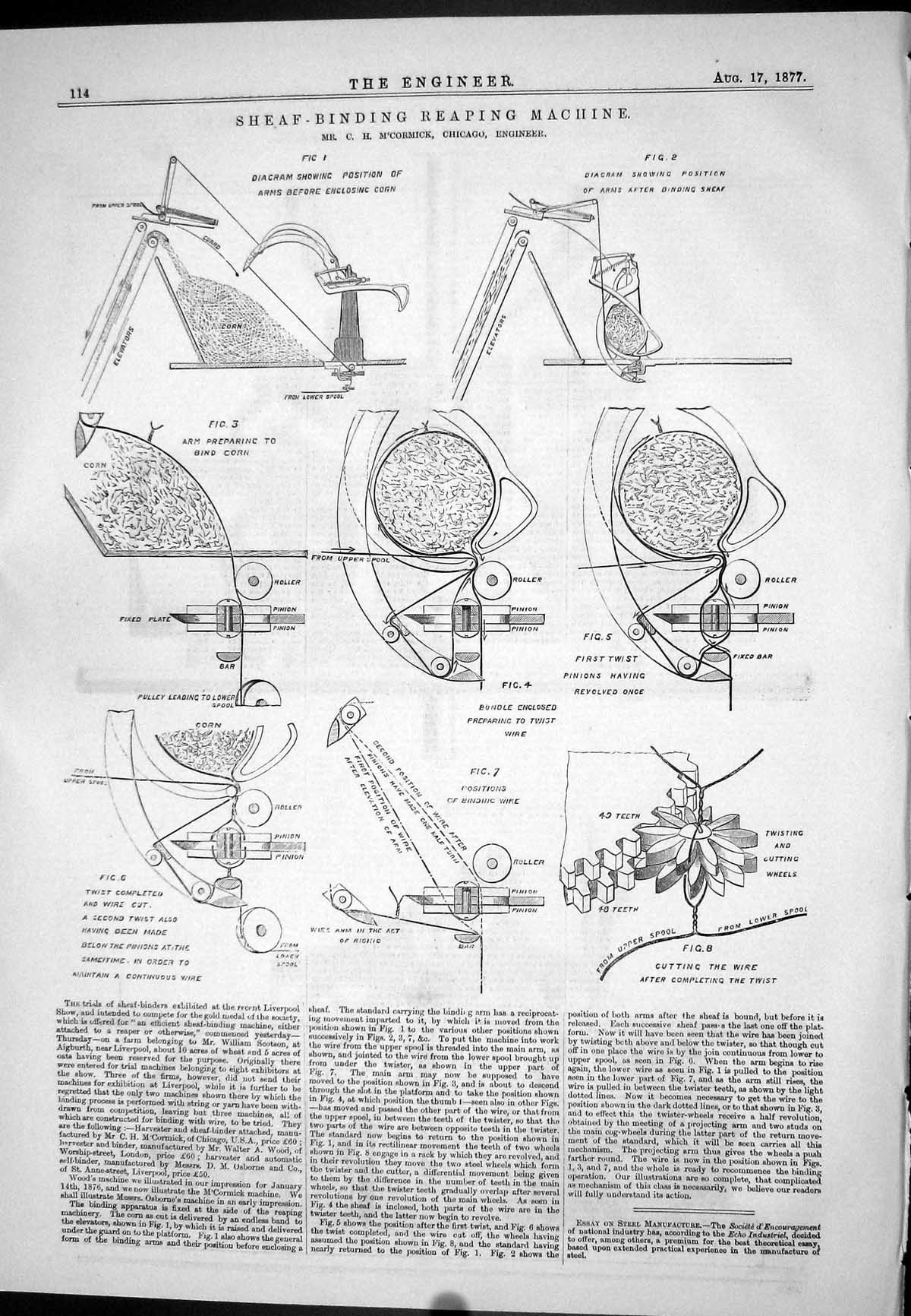 Antique Old Print Sheaf Binding Reaping Machine 1877 M'Cormack Machinery Corn
