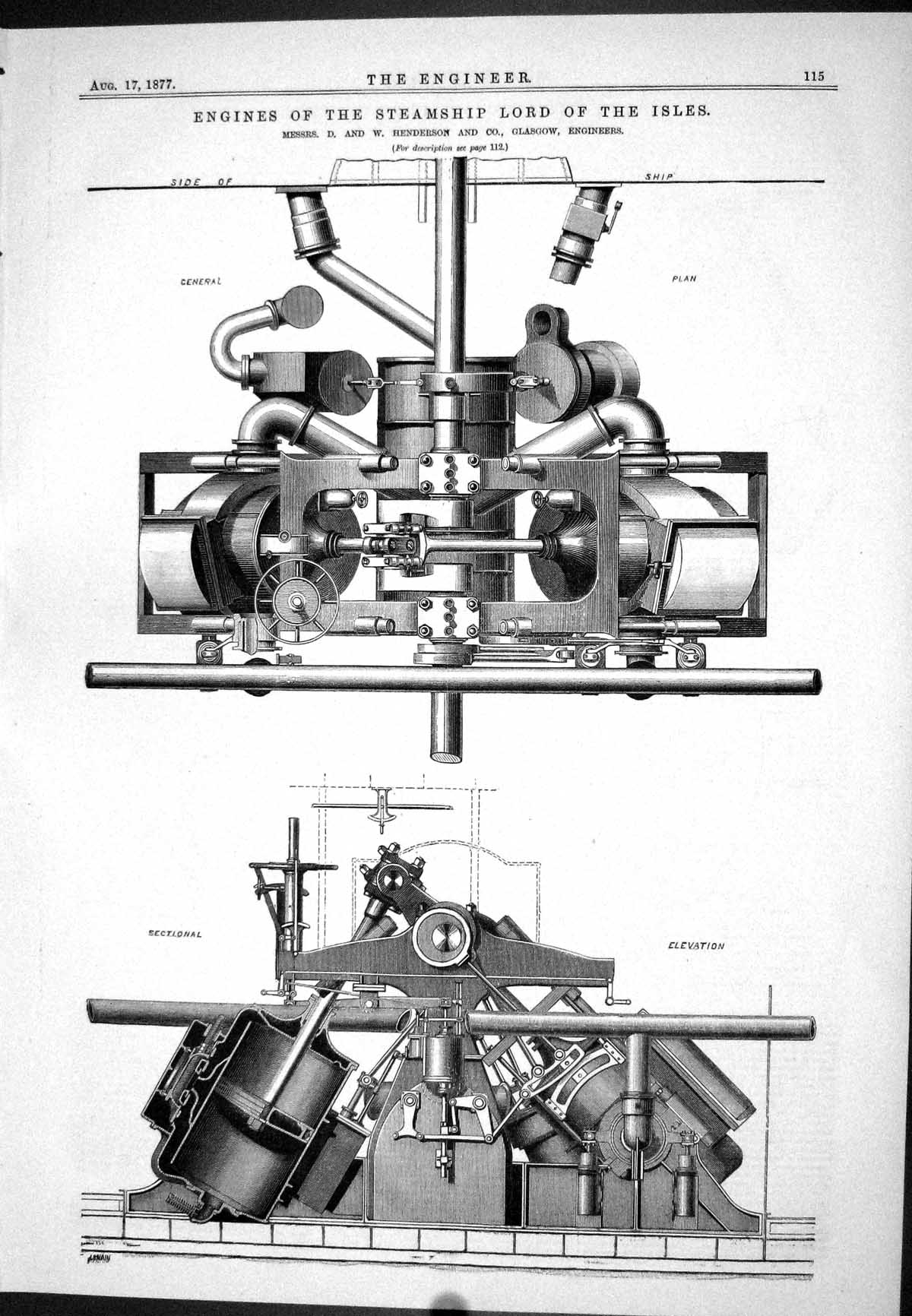 Antique Old Print 1877 Engines Steam Ship Lord Isles David William Henderson