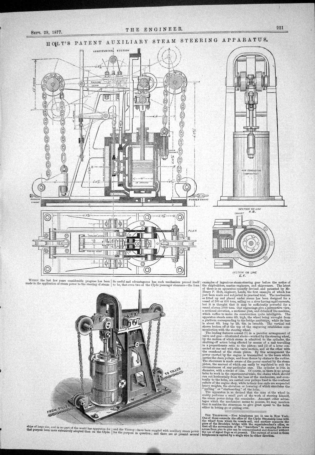 Antique Print 1877 Holt Patent Auxiliary Steam Steering Apparatus Machinery