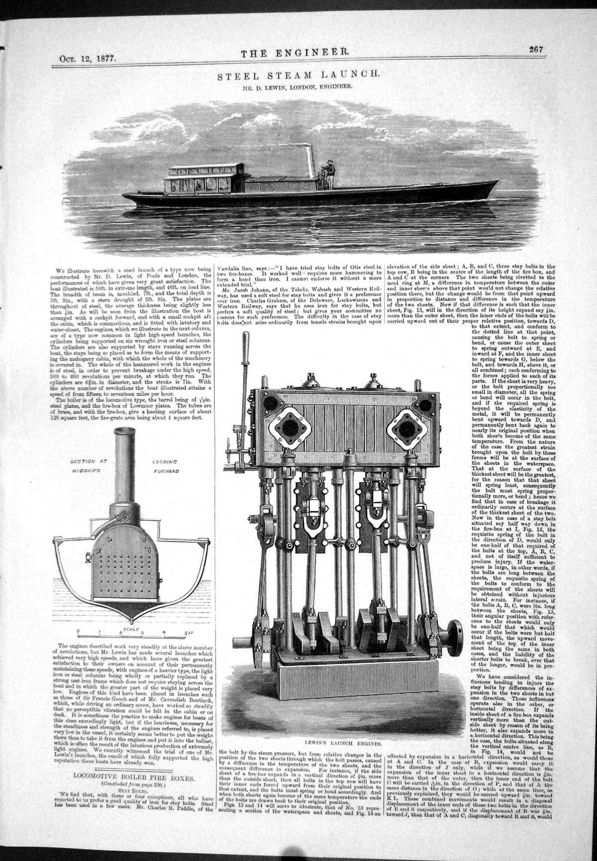Antique Print 1877 Steel Steam Launch Lewin London Engine Section Midships 19th