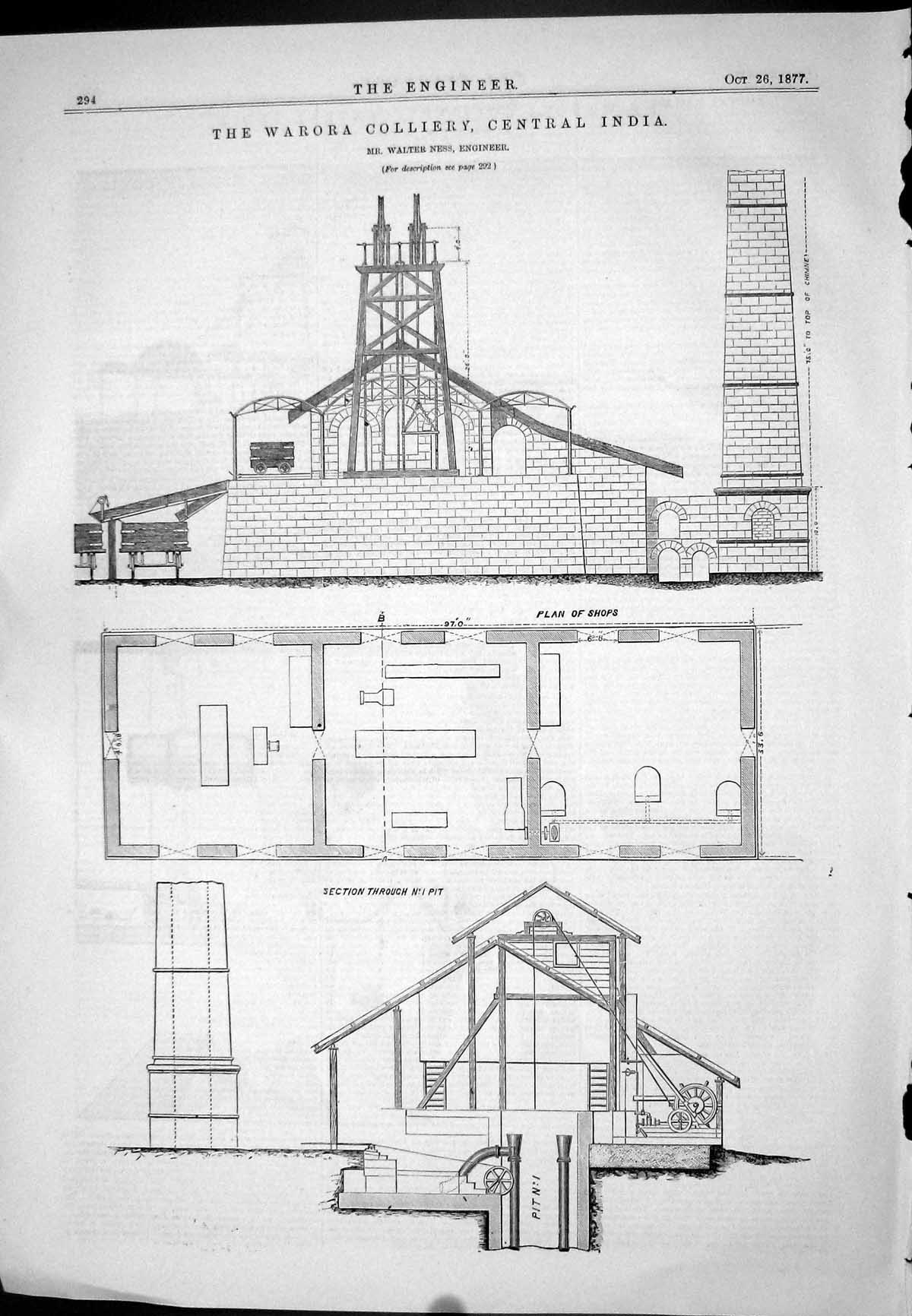 Antique Old Print Warora Colliery India Walter Ness 1877 Plan Shops Machinery