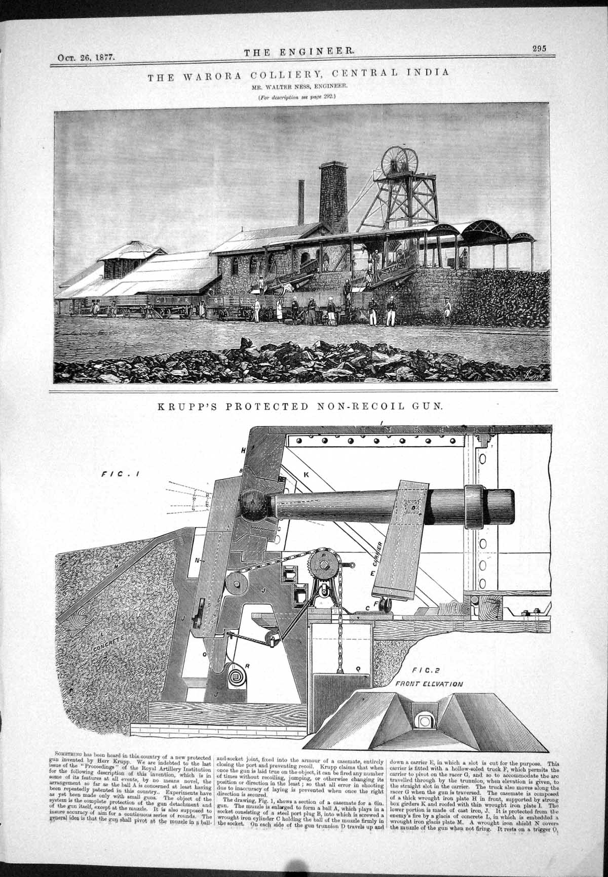 Antique Old Print Warora Colliery India Walter Ness 1877 Krupp Non-Recoil Gun