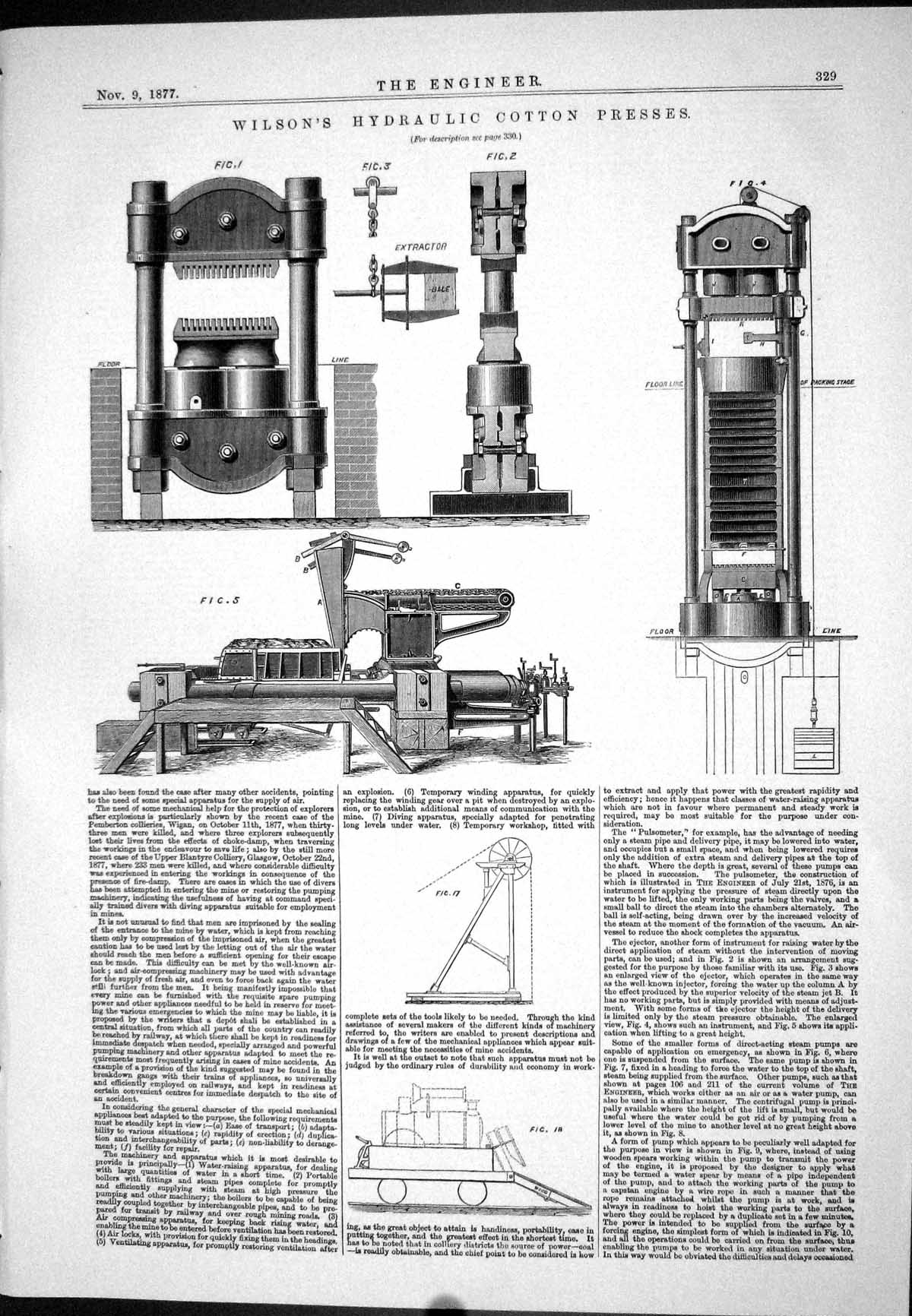 Antique Old Print 1877 Wilson Hydraulic Cotton Presses Machinery Instruments