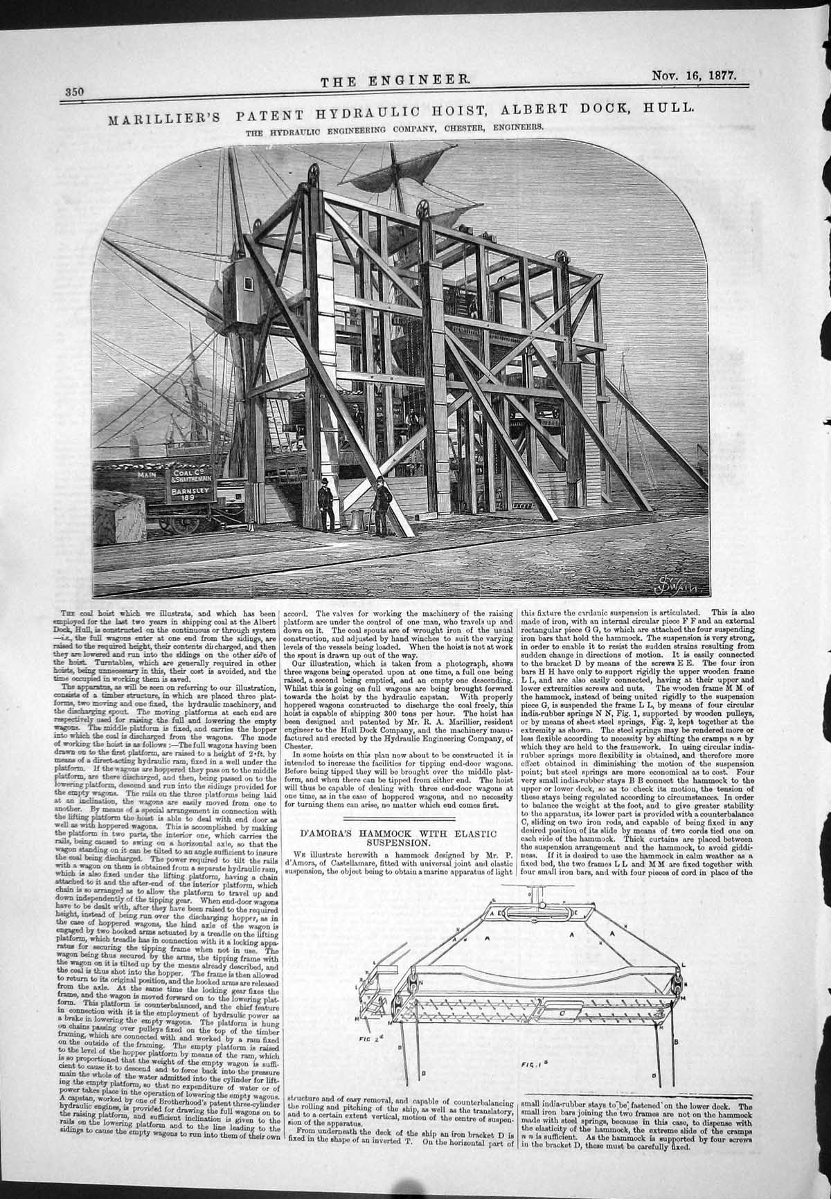 Old Print 1877 Marillier Patent Hydraulic Hoist Dock Hull D'Amora Hammock 19th