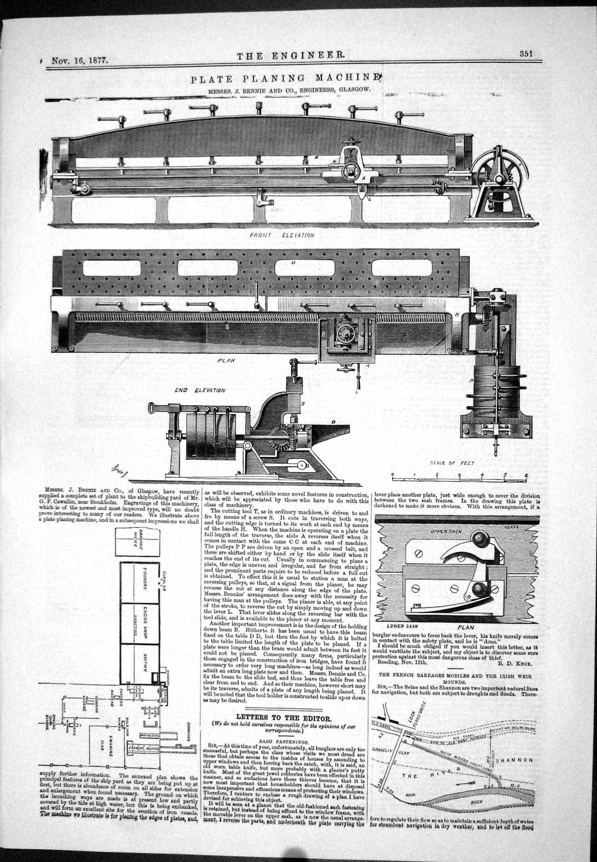 Old Print 1877 Plate Planing Machine Bennie French Barrages Shannon River 19th