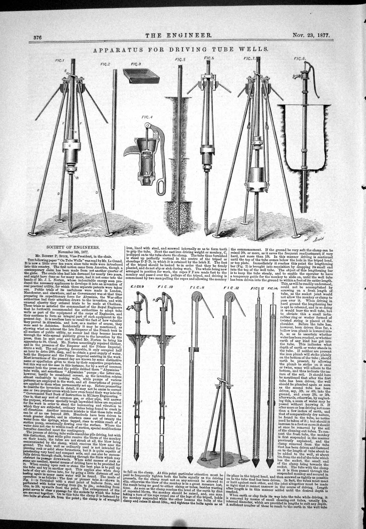 Antique Old Print 1877 Apparatus Driving Tube Wells Instruments Robert Spice
