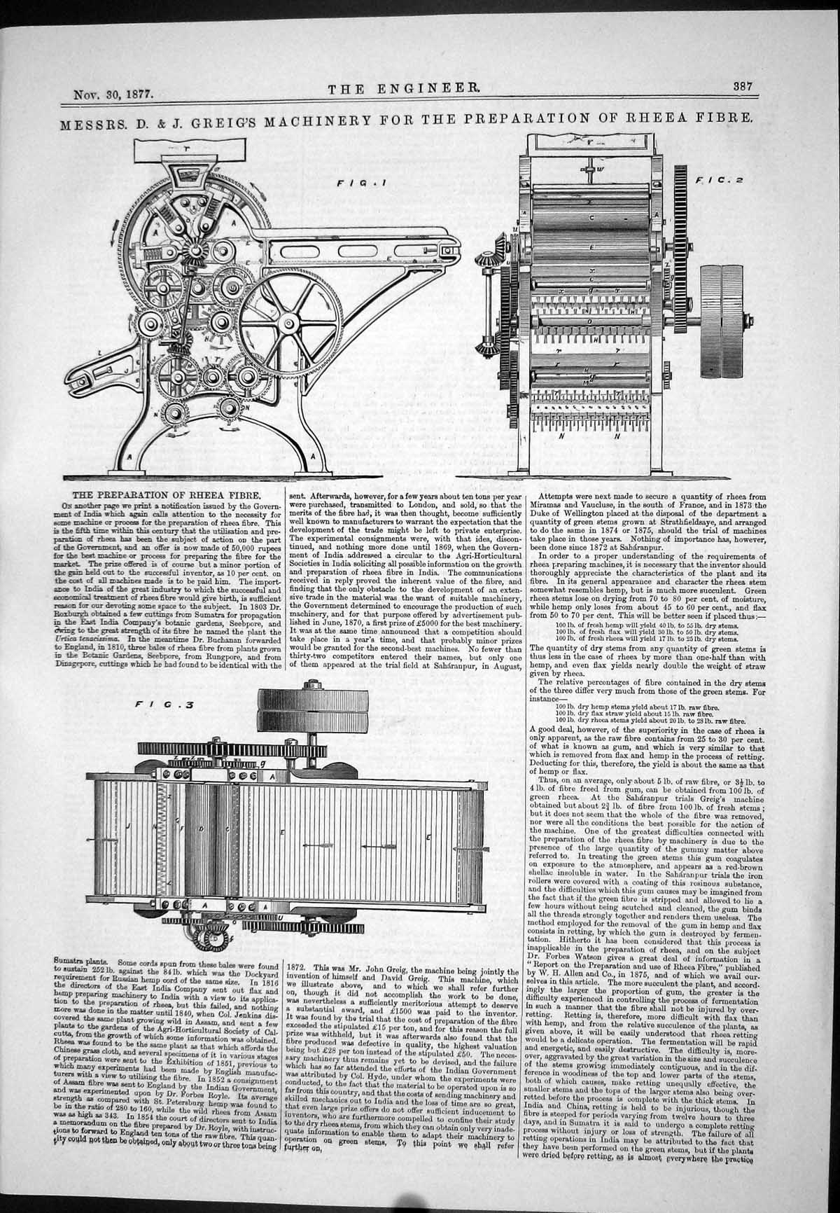 Antique Print 1877 Greig Machinery Preparation Rheea Fibre India Government