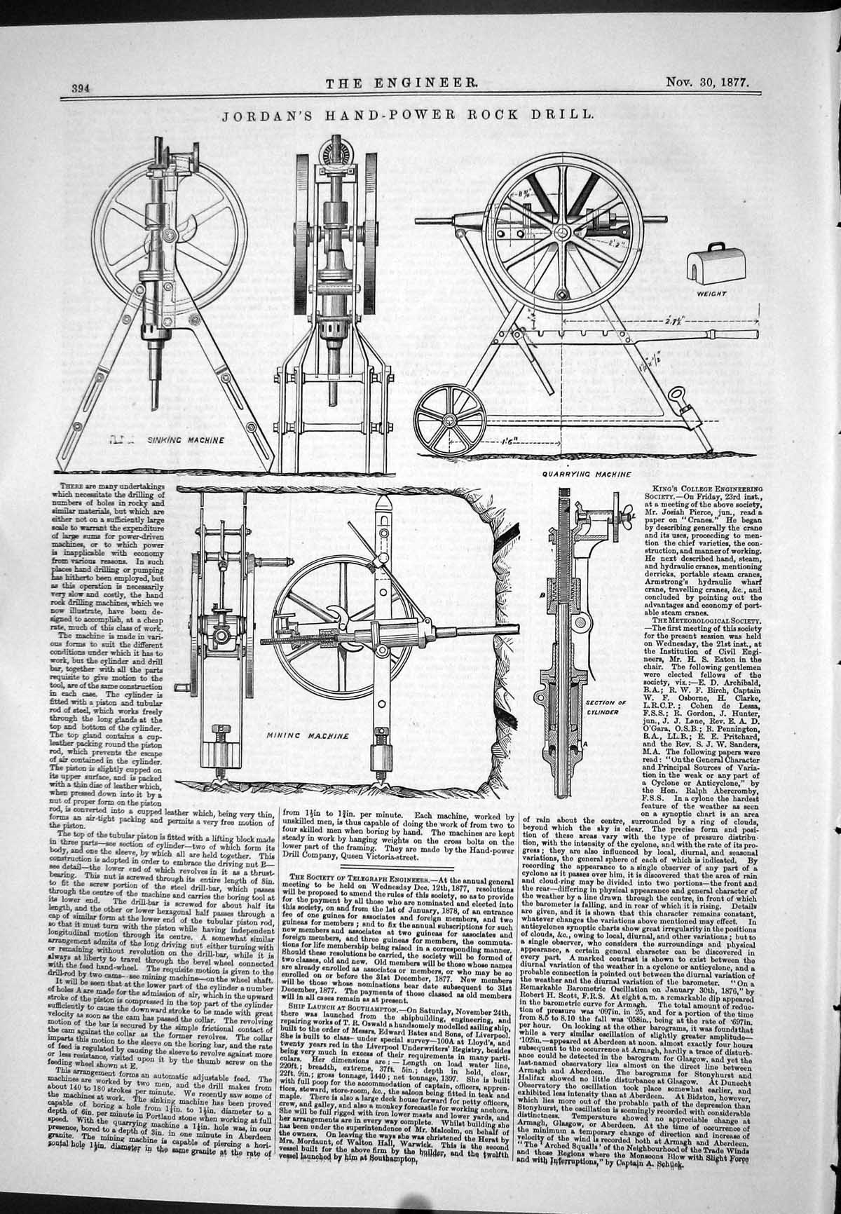 Old 1877 Jordan Hand-Power Rock Drill Sinking Machine Quarrying Minin Victorian