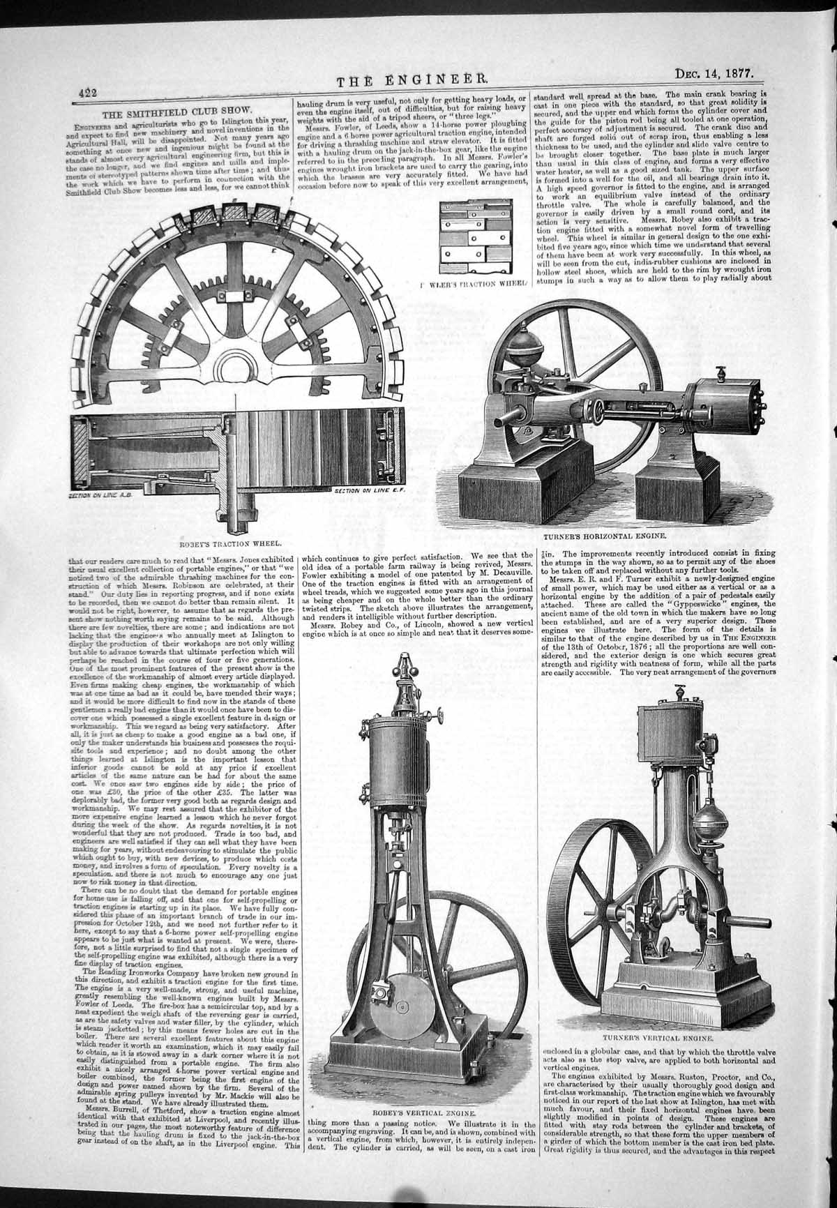 Antique Print 1877 Robey Traction Wheel Turner Horizontal Engine Machinery 19th