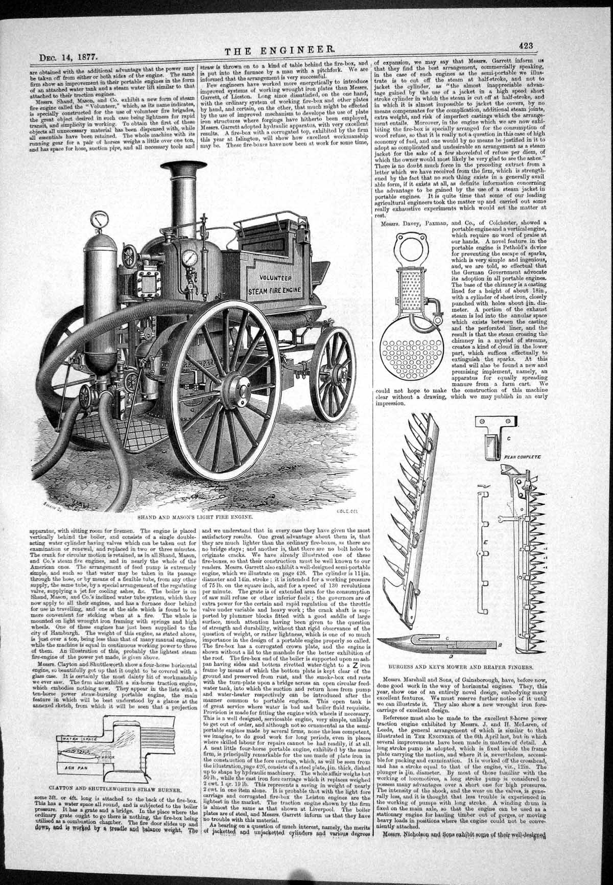Antique Print 1877 Shand Manson Light Fire Engine Burgess Key Mower Clayton