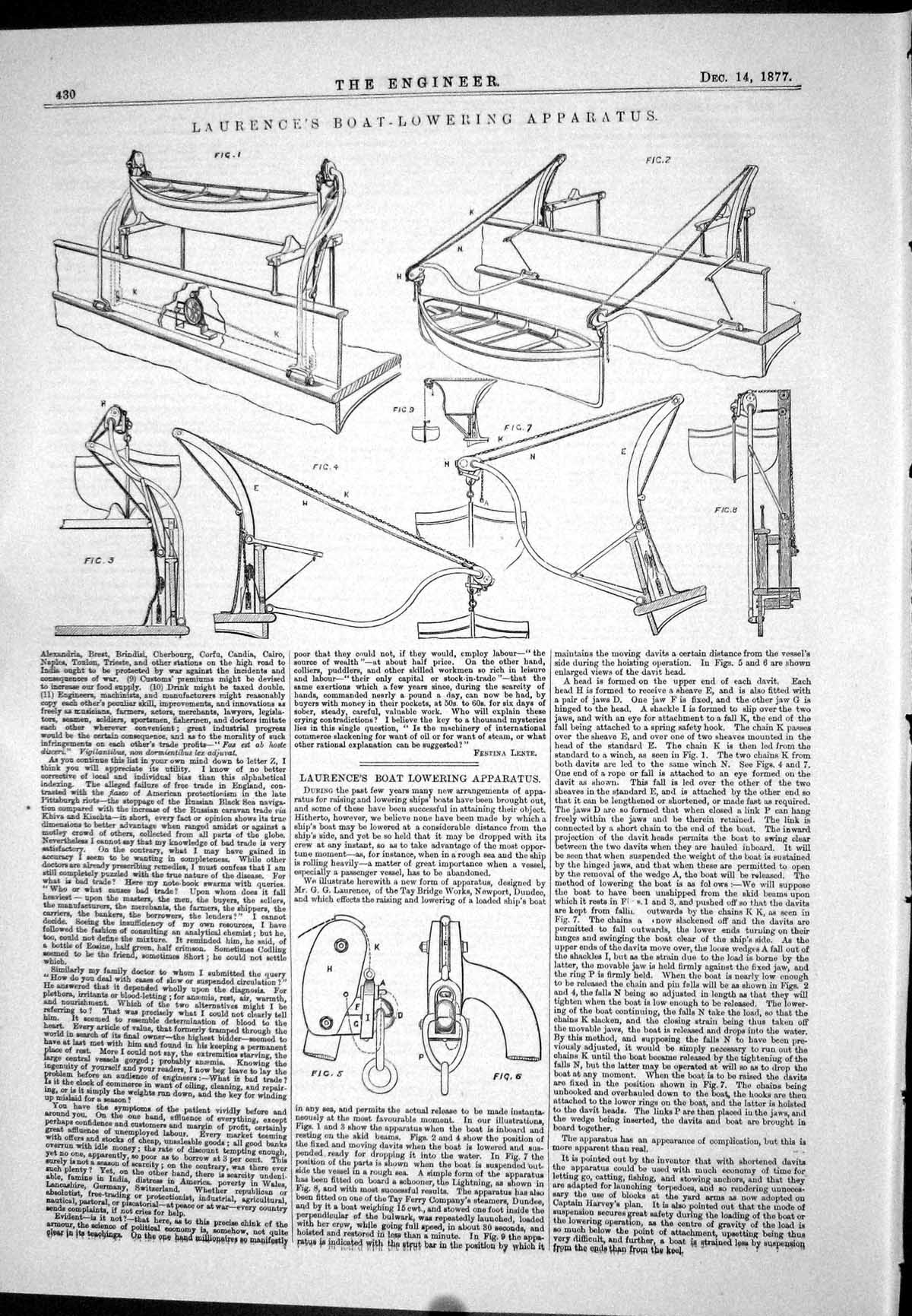 Antique Old Print 1877 Laurence Boat-Lowering Apparatus Instruments Diagrams