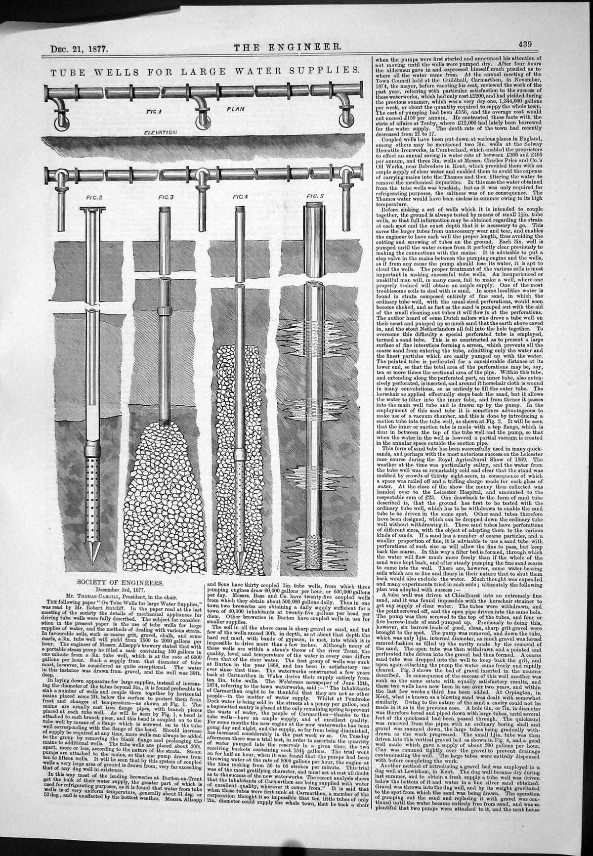 Antique Print Engineering 1877 Tube Wells Large Water Supply Thomas Cargill