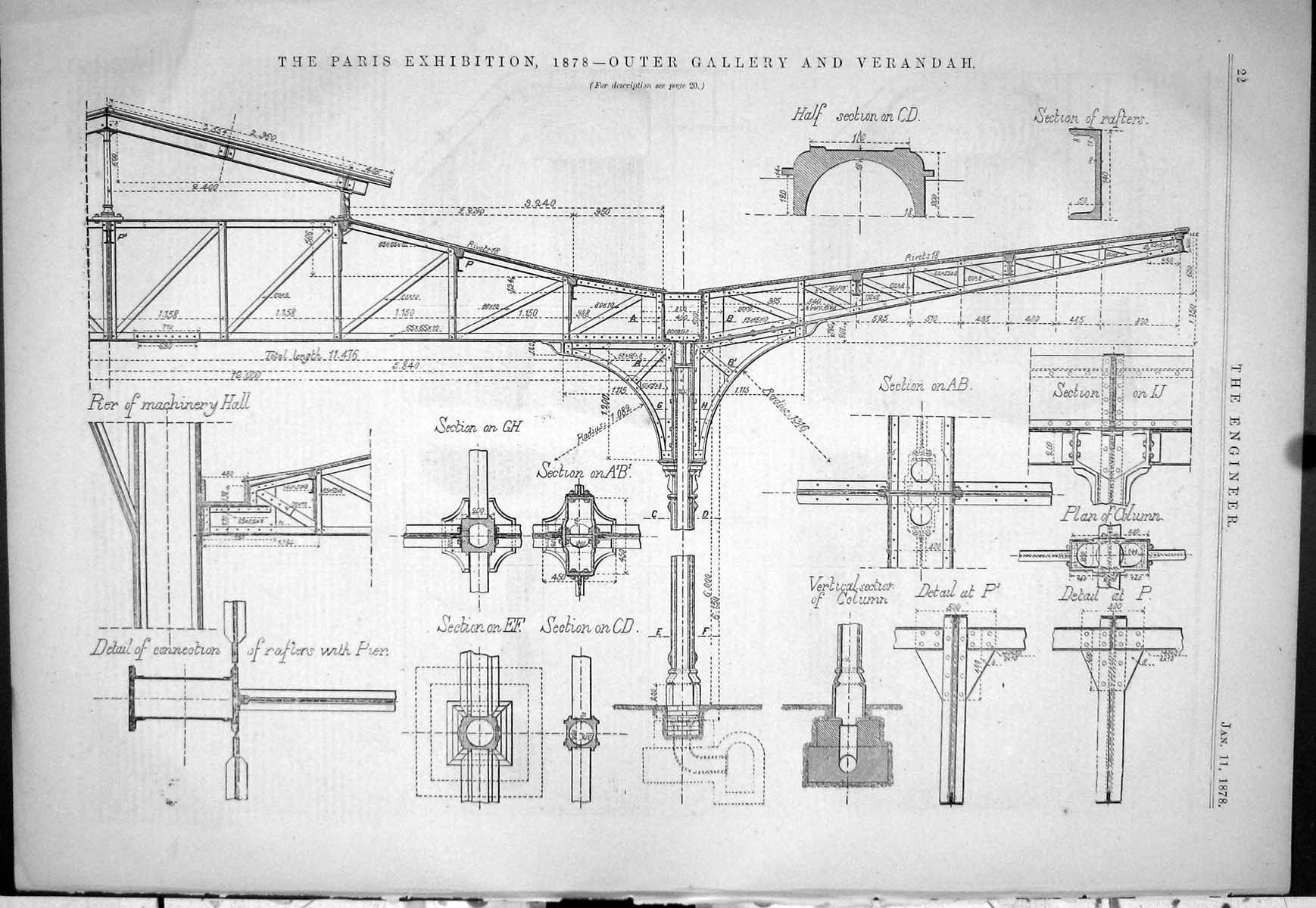 Old Print 1878 Paris Exhibition Outer Gallery Verandah Diagrams Sections 19th
