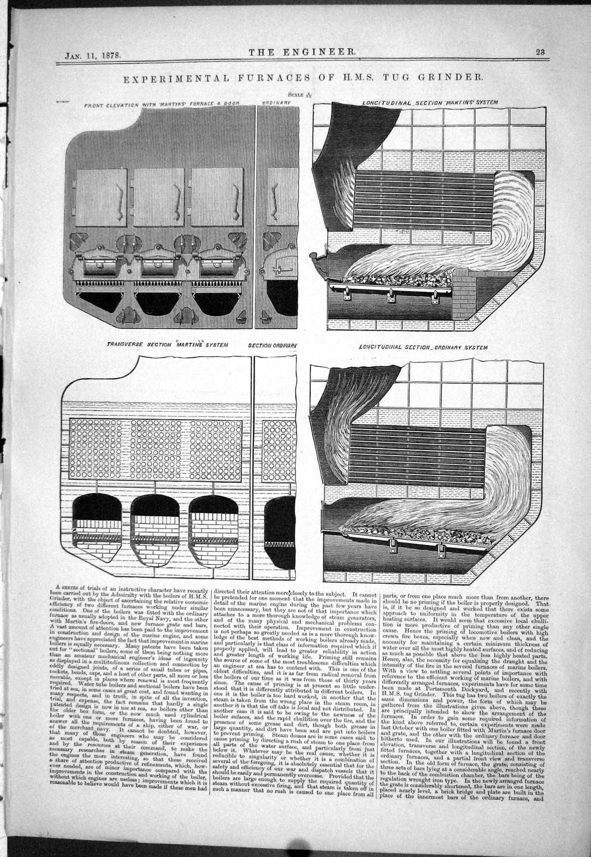 Old 1878 Experimental Furnaces H.M.S. Tug Grinder Section Longitudina Victorian