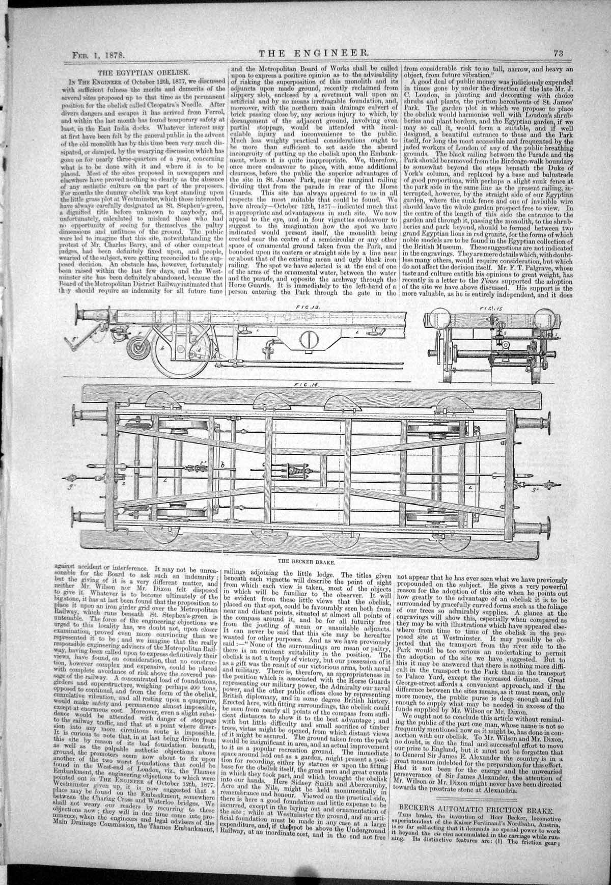 Antique Print 1878 Egyptian Obelisk Becker Brake Diagram Automatic Friction