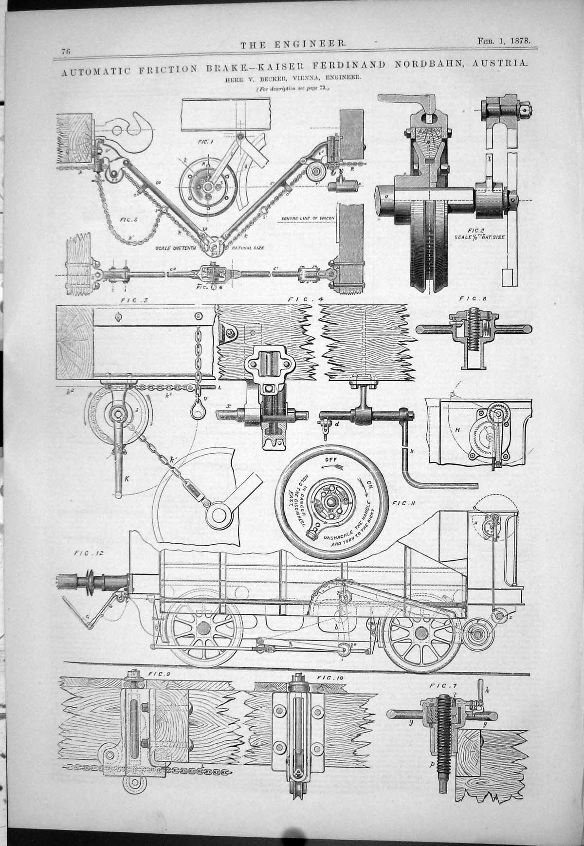Old Print 1878 Automatic Friction Brake Kaiser Ferdinand Nordbahn Becker 19th