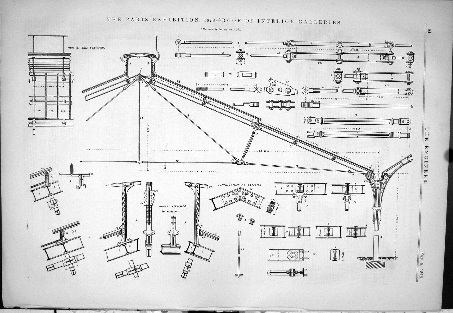 Old Print 1878 Paris Exhibition Engineering Interior Galleries Rodiagrams 19th