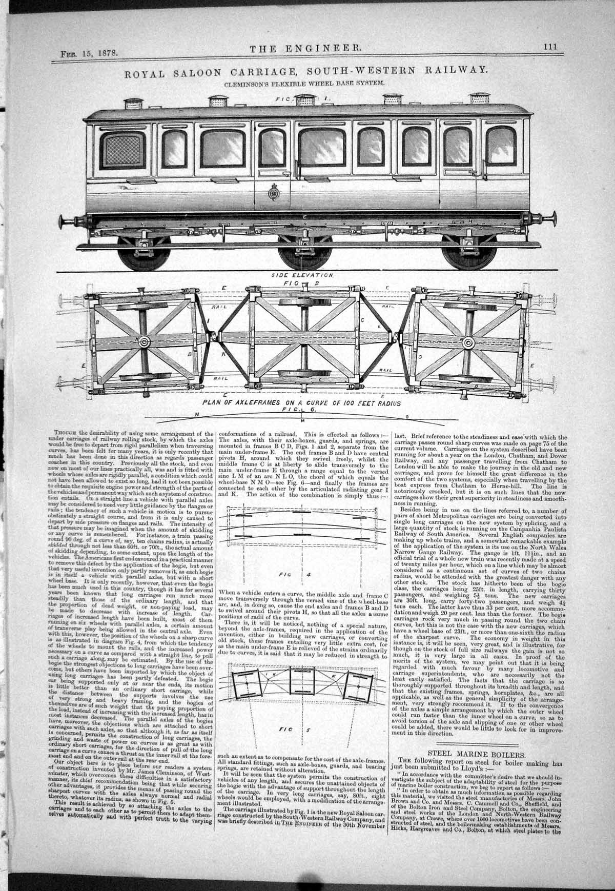 Old Print 1878 Royal Saloon Carriage Cleminson Flexible Wheel Base System 19th