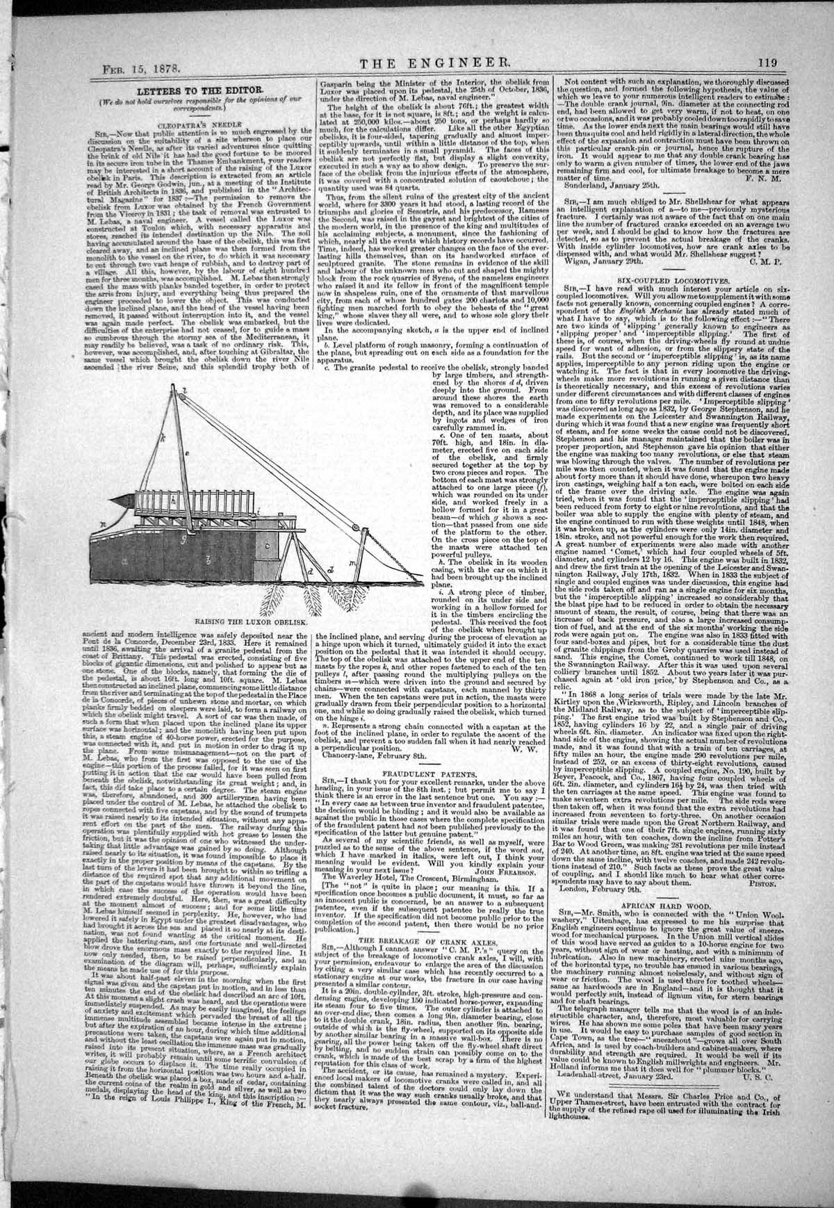 Antique Old Print 1878 Raising Luxor Obelisk Cleopatra Needle Letters Editor