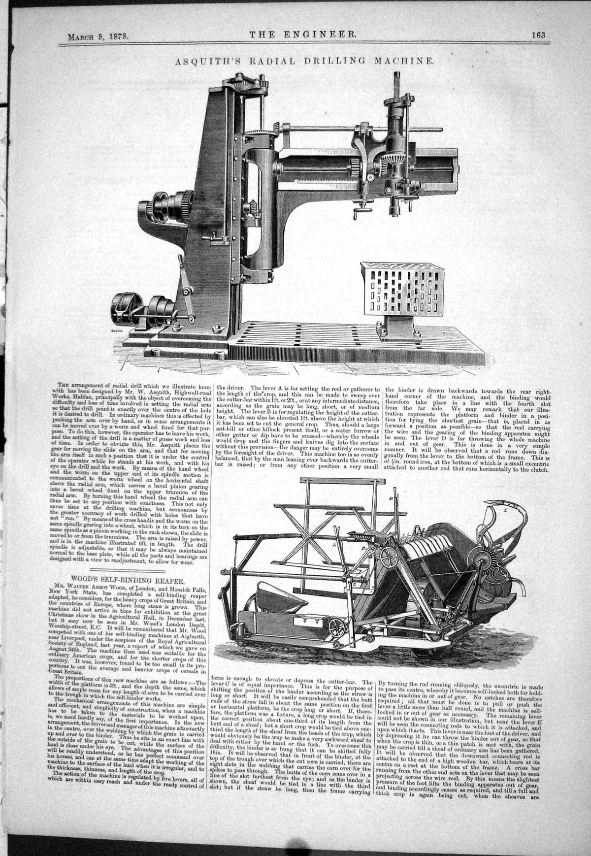 Antique Print 1878 Asquith Radial Drilling Machine Wood Self-Binding Reaper