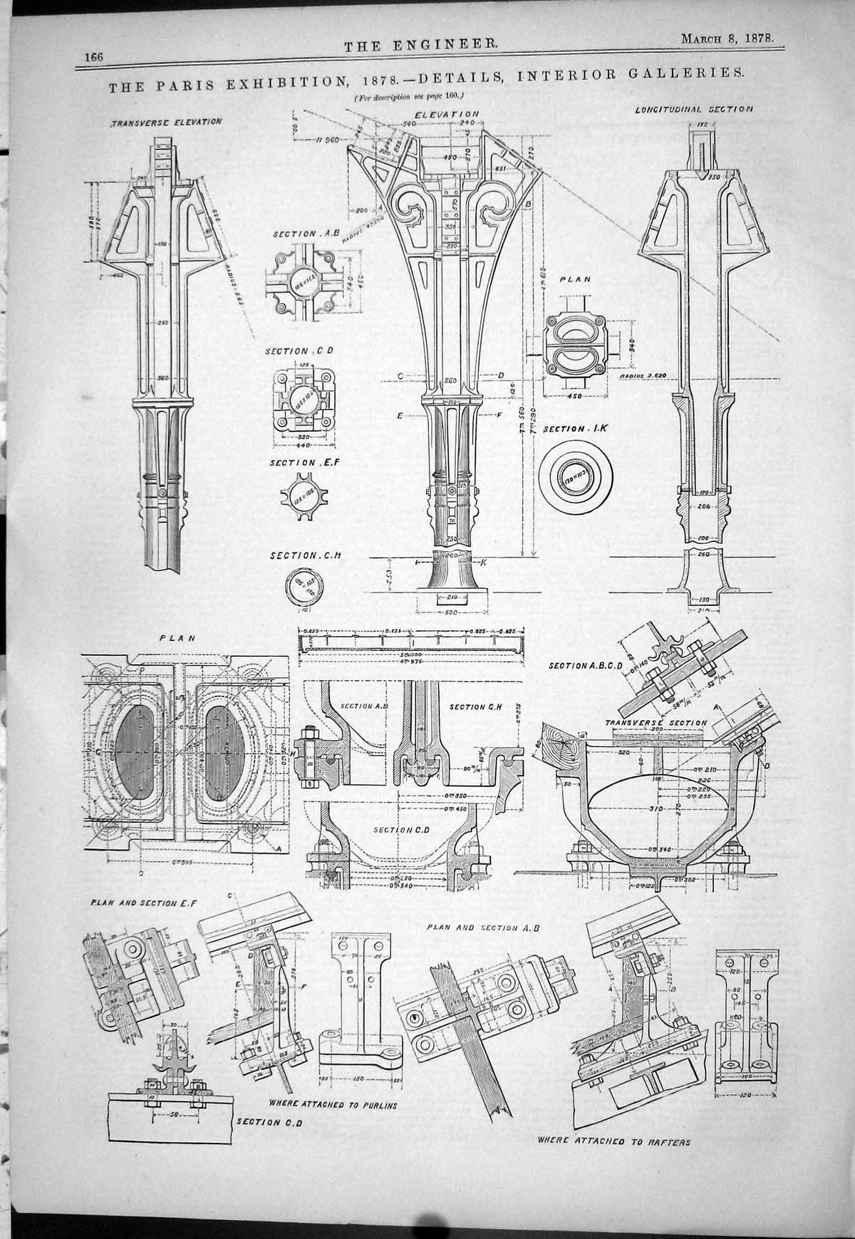 Old Print 1878 Paris Exhibition Details Interior Galleries Plan Sectional 19th