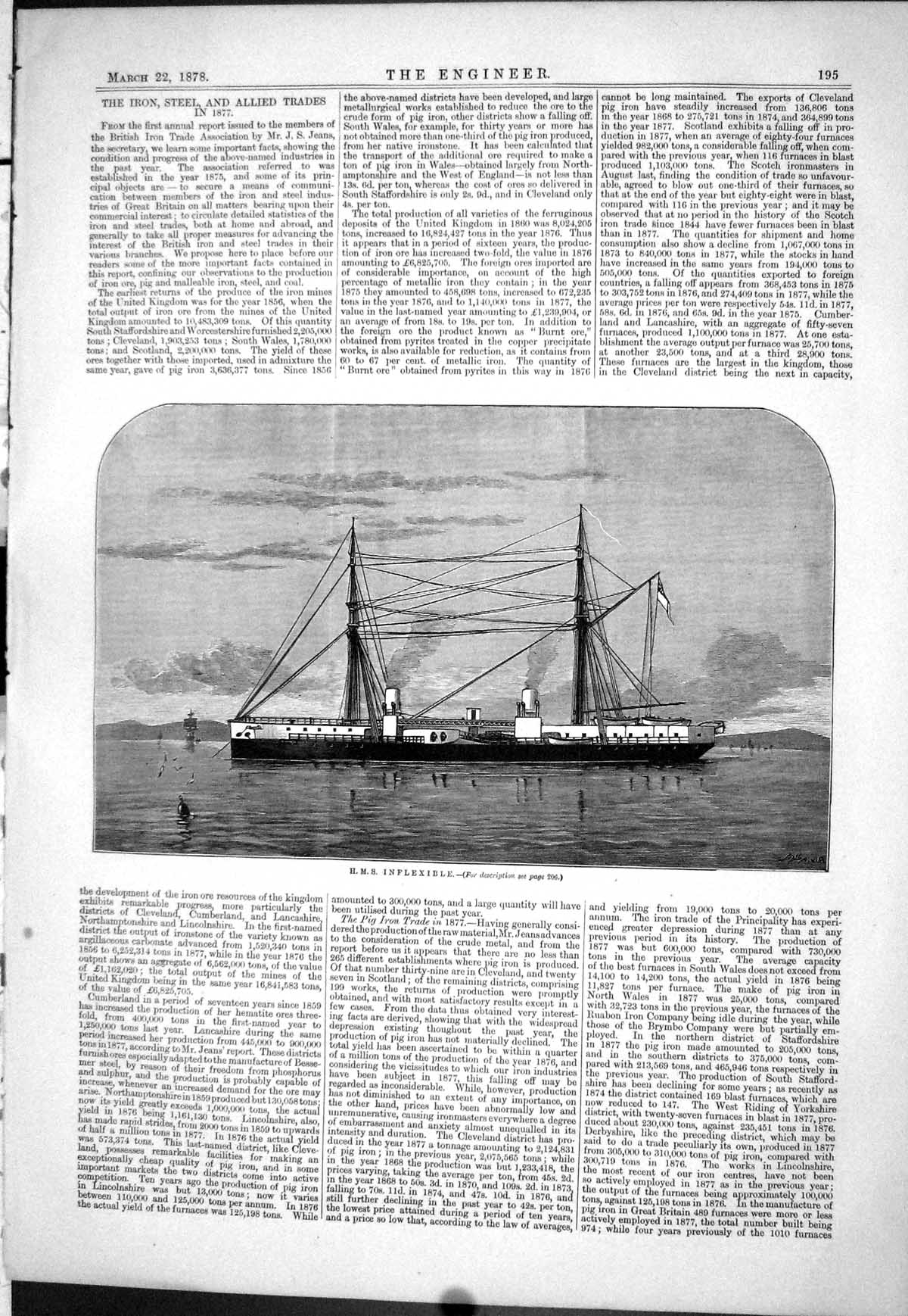 Antique Print 1878 Iron Steel Allied Trades H.M.S. Inflexible Drawing Jeans