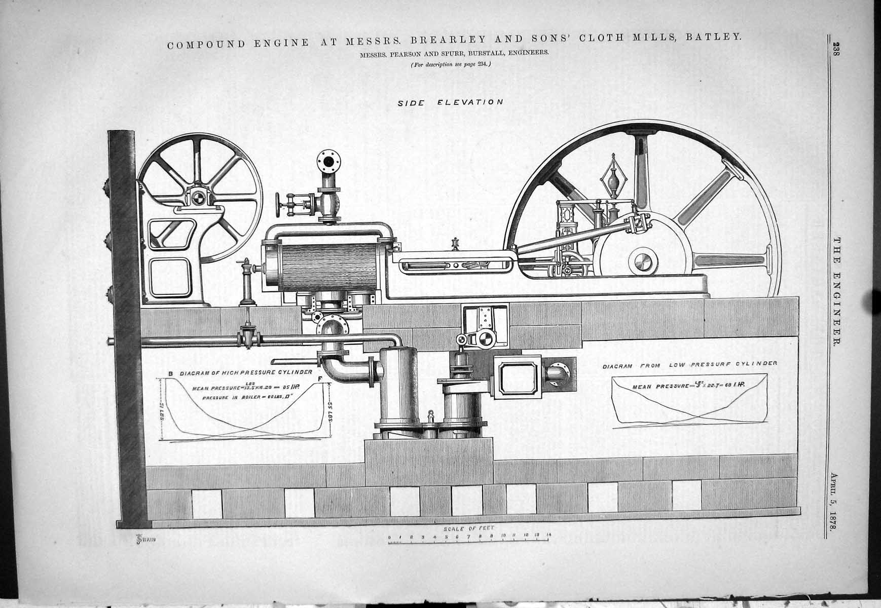 Old Print 1878 Compound Engine Brearley Cloth Mills Batley Pearson Spurr 19th