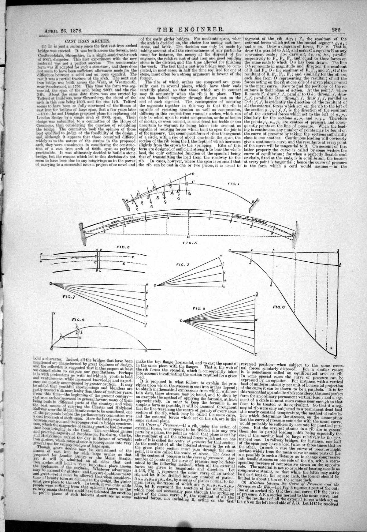 Antique Old Print 1878 Cast Iron Arches Engineering Diagrams Curve Pressure
