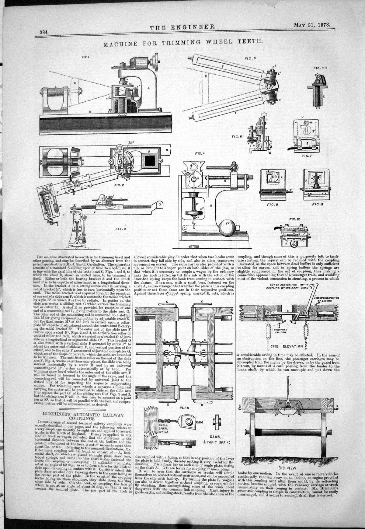 Antique Print 1878 Machine Trimming Wheel Teeth Hitchiner Railway Couplings