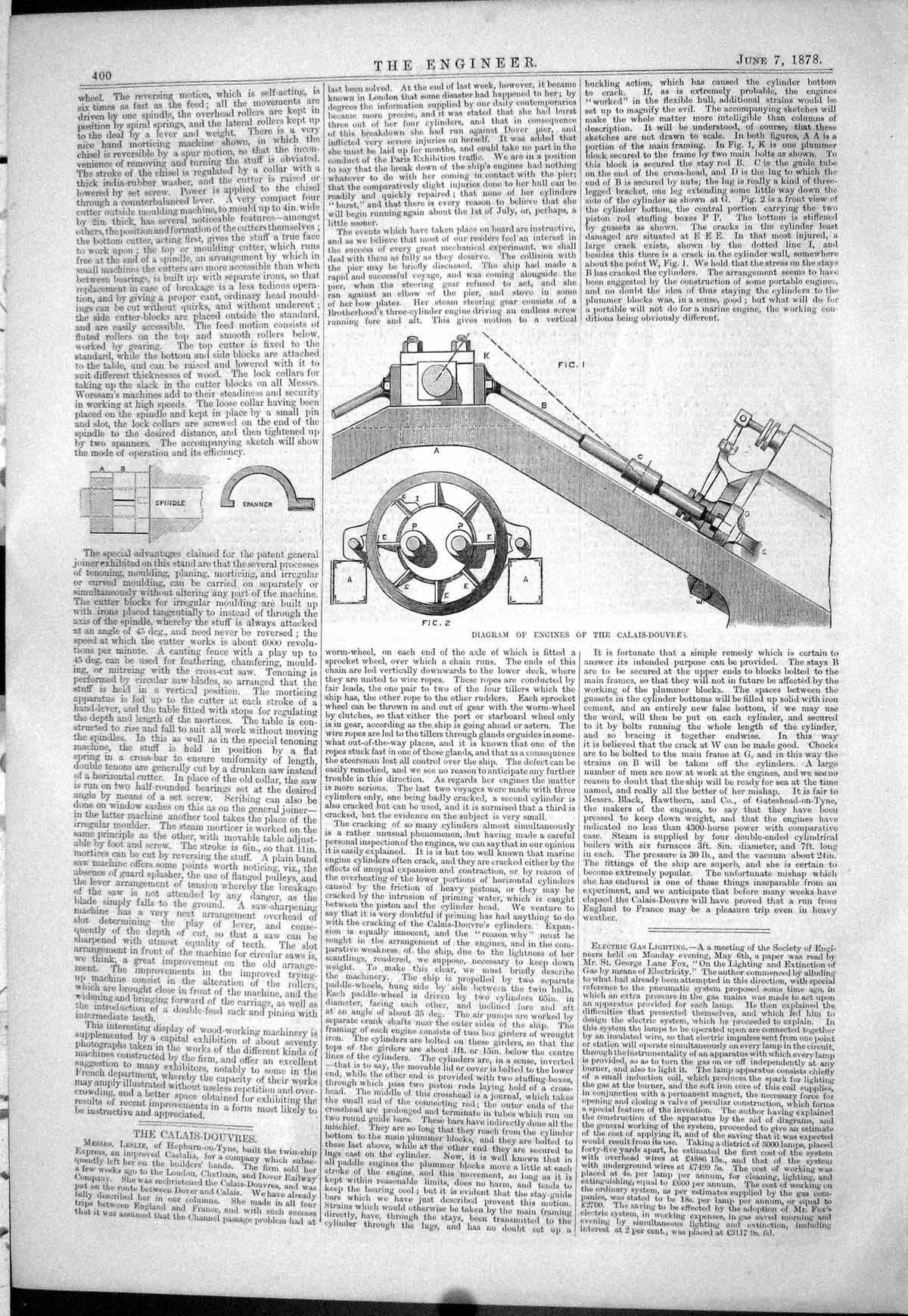 Old 1878 Calais-Douvres Engineering Diagram Engines Electric Gas Ligh Victorian